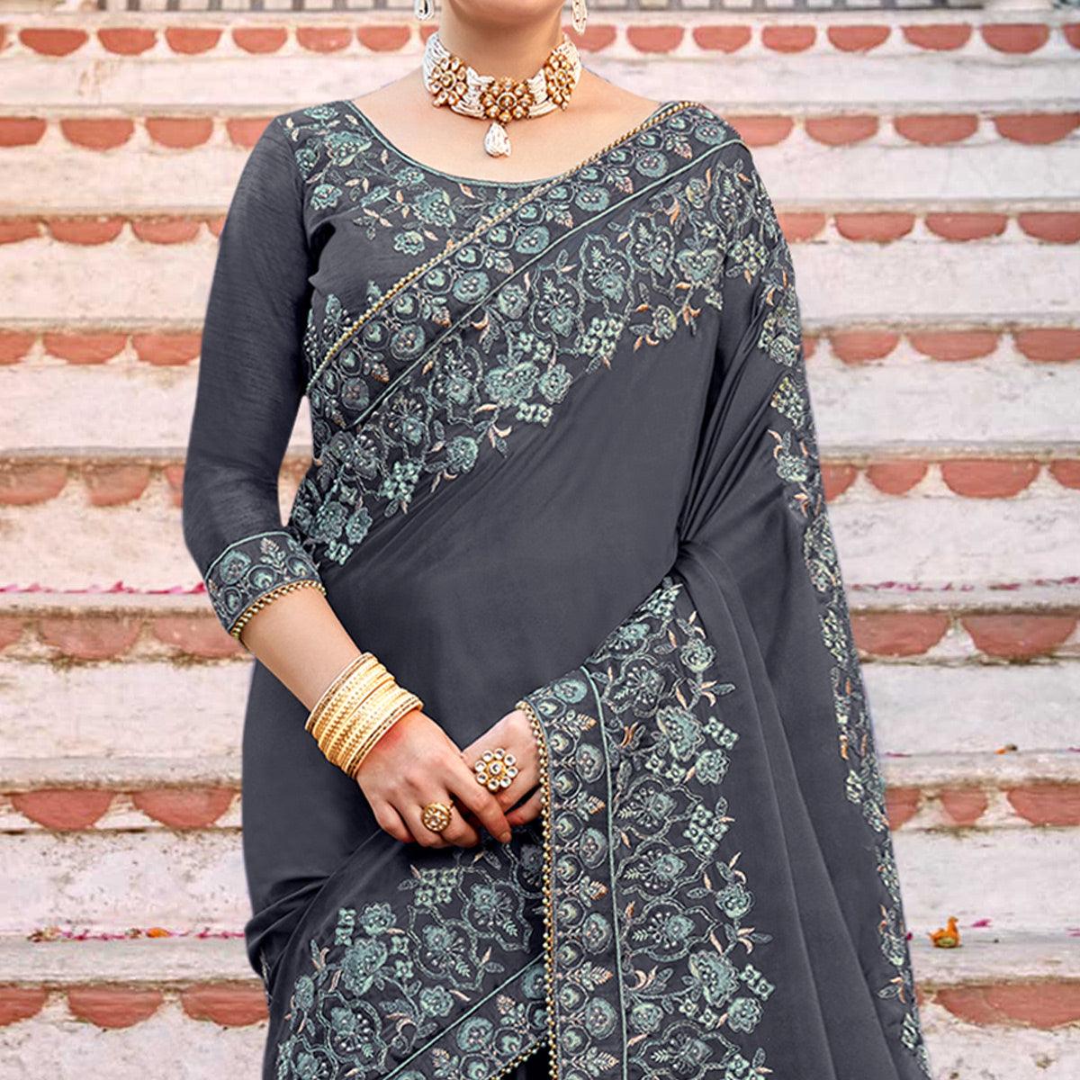 Grey Embellished With Embroidered Art Silk Saree - Peachmode