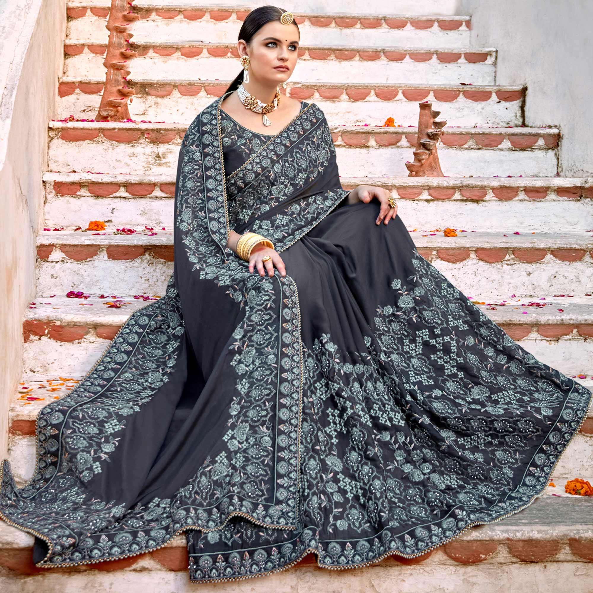 Grey Embellished With Embroidered Art Silk Saree - Peachmode