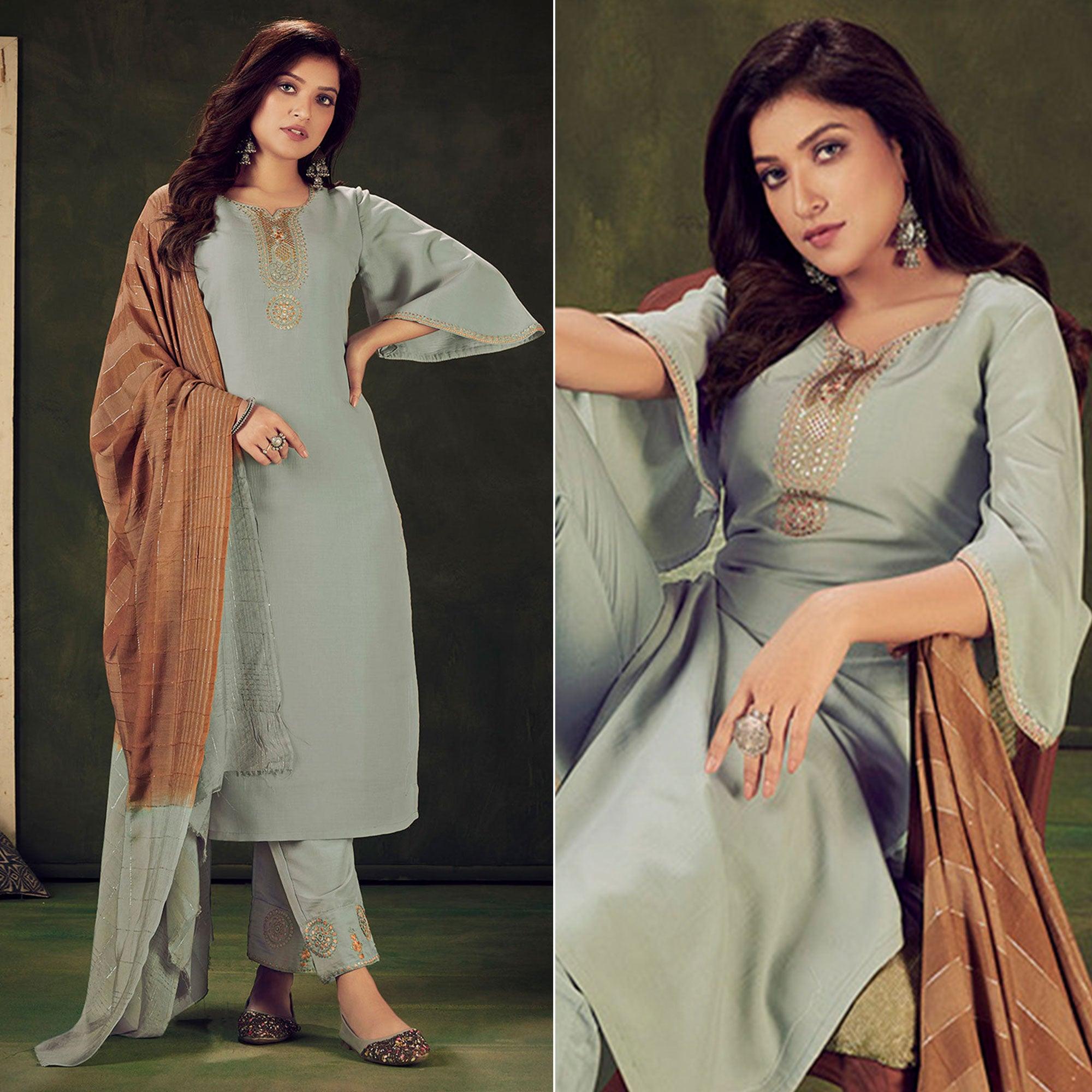 Grey Embellished With Embroidered Chiffon Kurti Pant Set With Dupatta - Peachmode