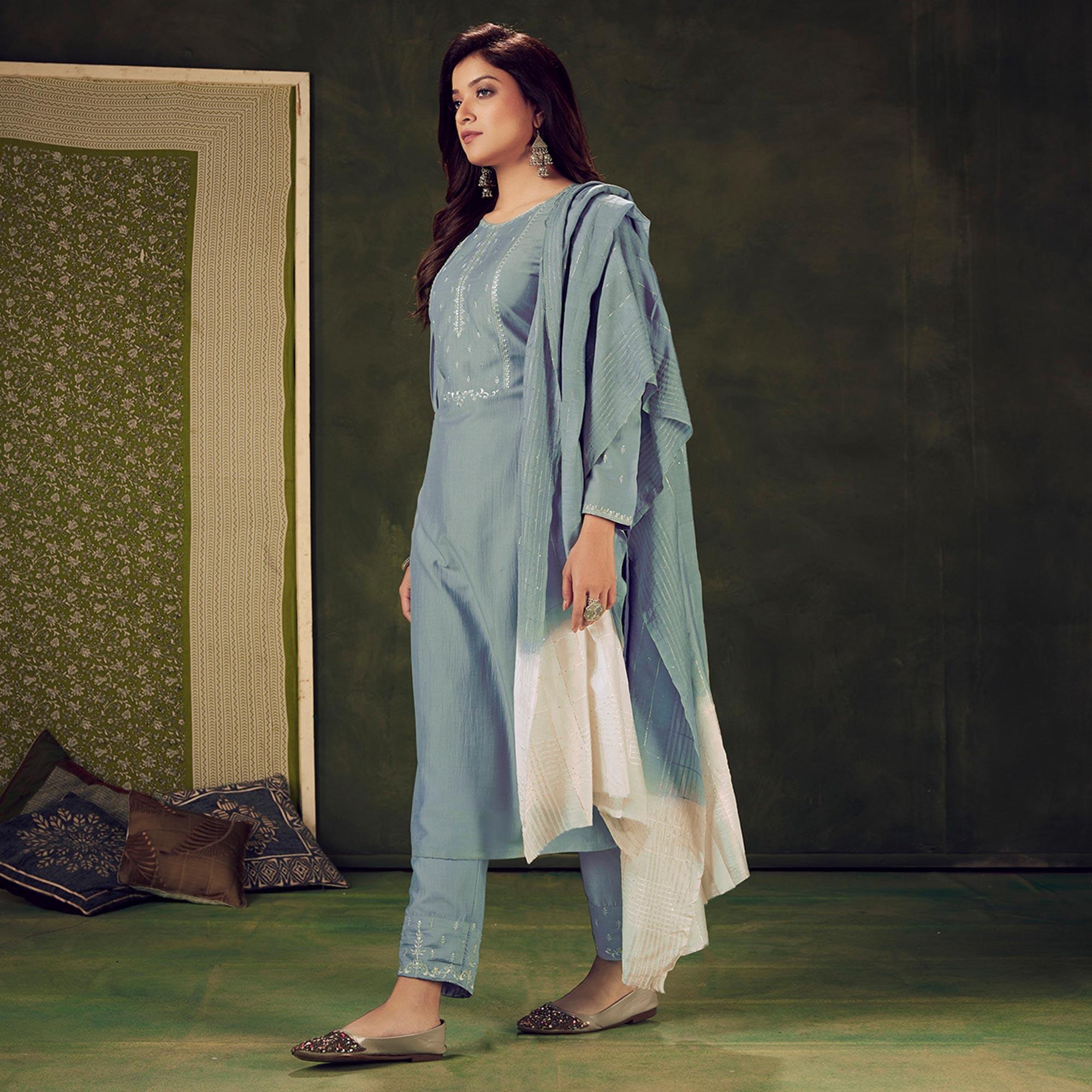 Grey Embellished With Embroidered Chiffon Kurti Pant Set With Dupatta - Peachmode