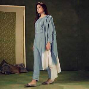 Grey Embellished With Embroidered Chiffon Kurti Pant Set With Dupatta - Peachmode
