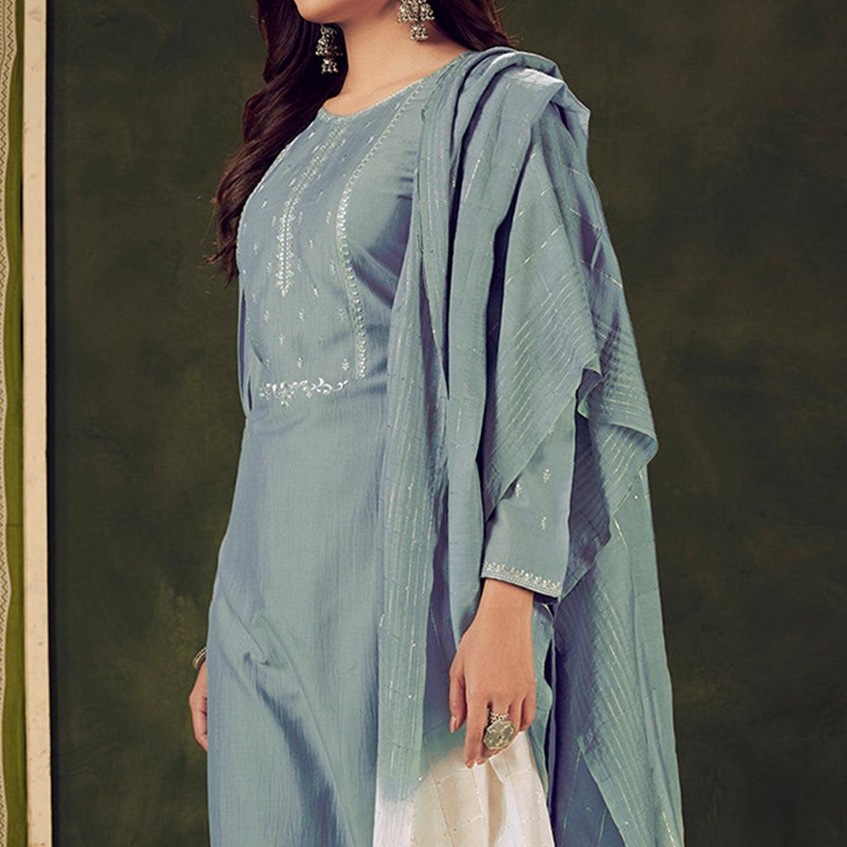 Grey Embellished With Embroidered Chiffon Kurti Pant Set With Dupatta - Peachmode