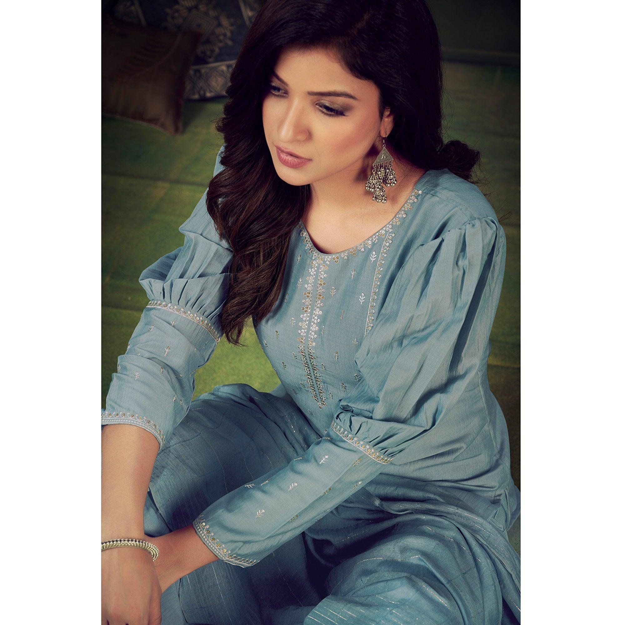 Grey Embellished With Embroidered Chiffon Kurti Pant Set With Dupatta - Peachmode