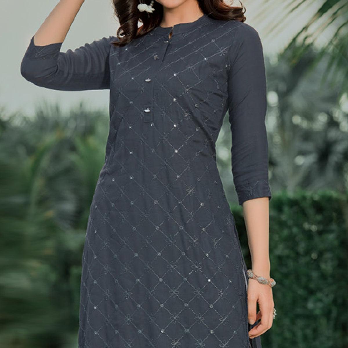 Grey Embellished With Embroidered Cotton Kurti - Peachmode