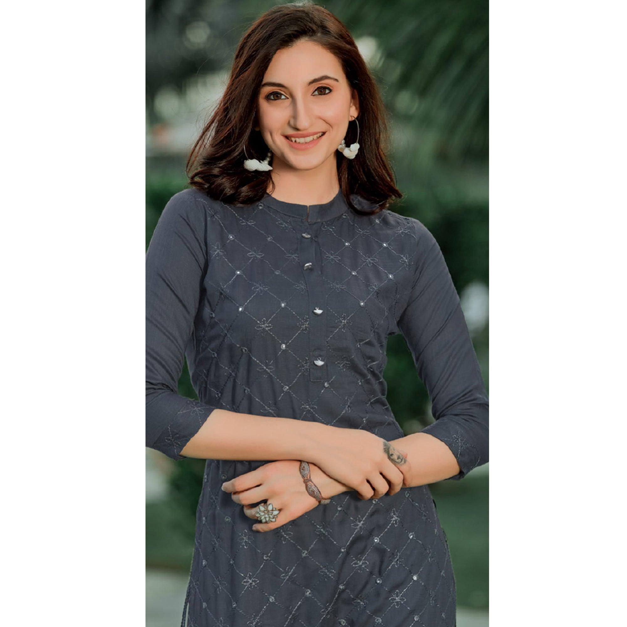 Grey Embellished With Embroidered Cotton Kurti - Peachmode