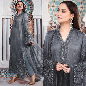 Grey Embellished With Embroidered Georgette Pakistani Suit - Peachmode