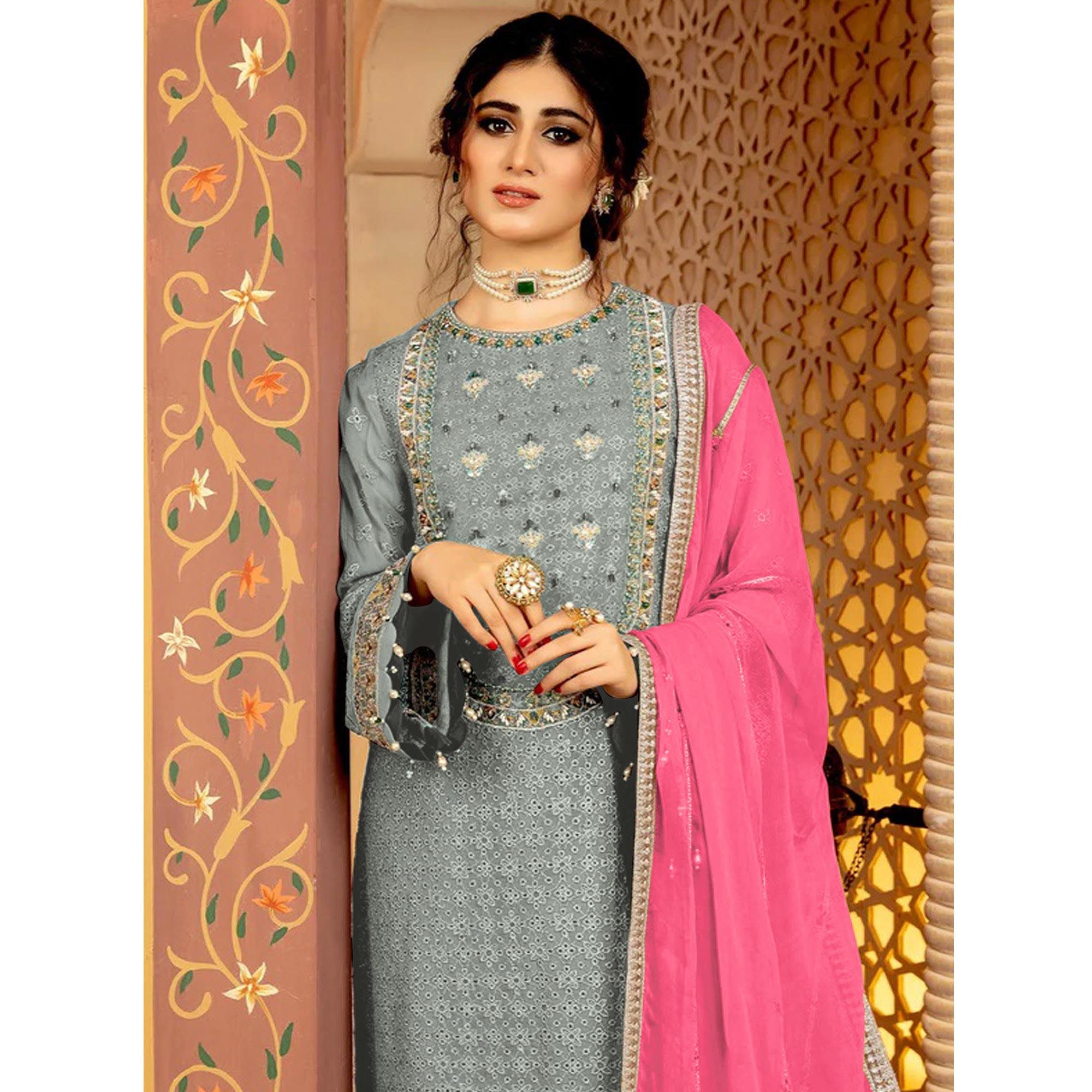 Grey Embellished With Embroidered Georgette Pakistani Suit - Peachmode