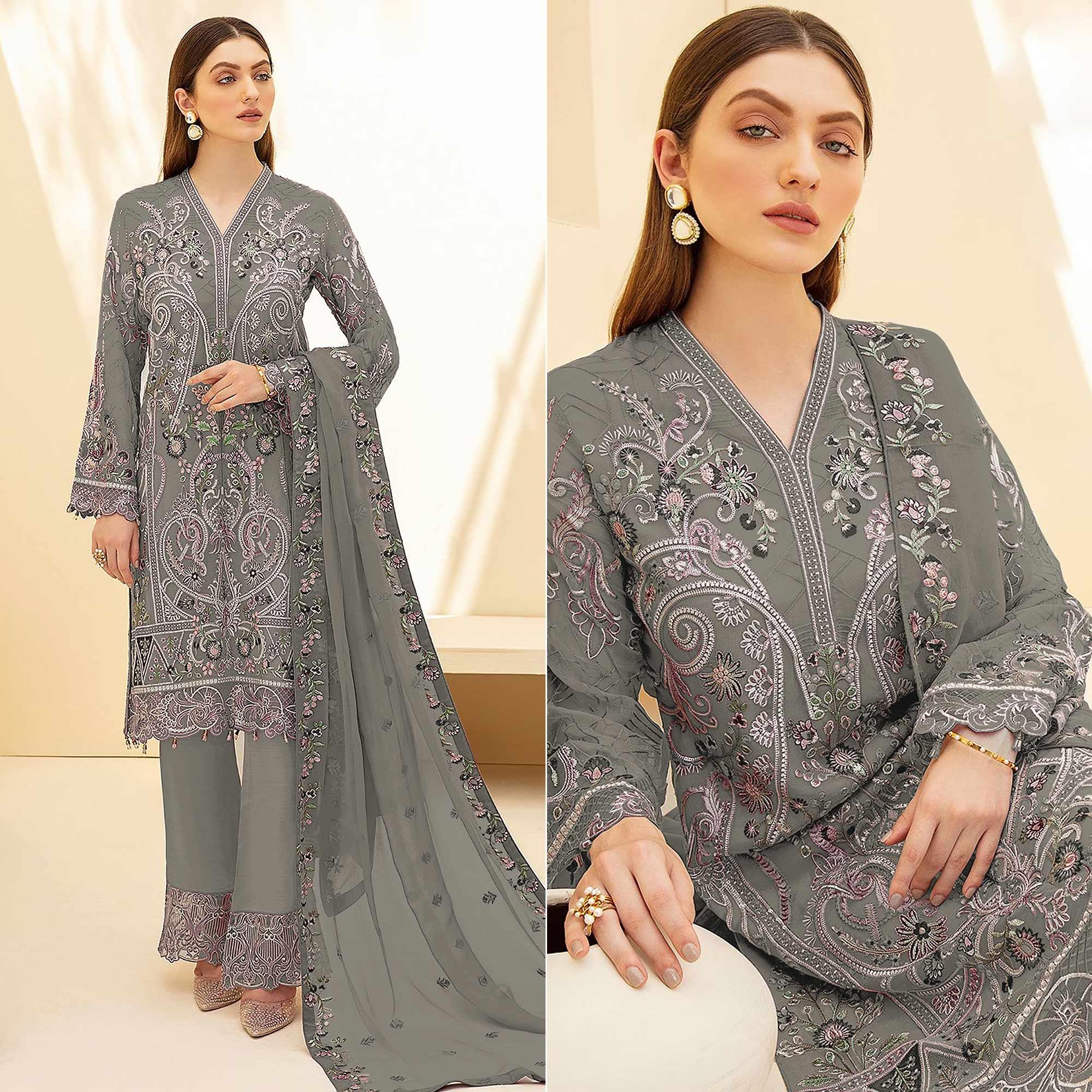 Grey Embellished With Embroidered Georgette Palazzo Suit - Peachmode