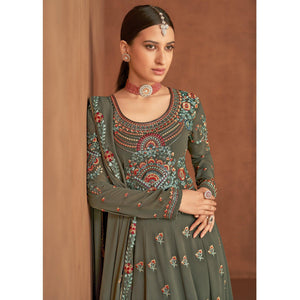 Grey Embellished With Embroidered Georgette Palazzo Suit - Peachmode