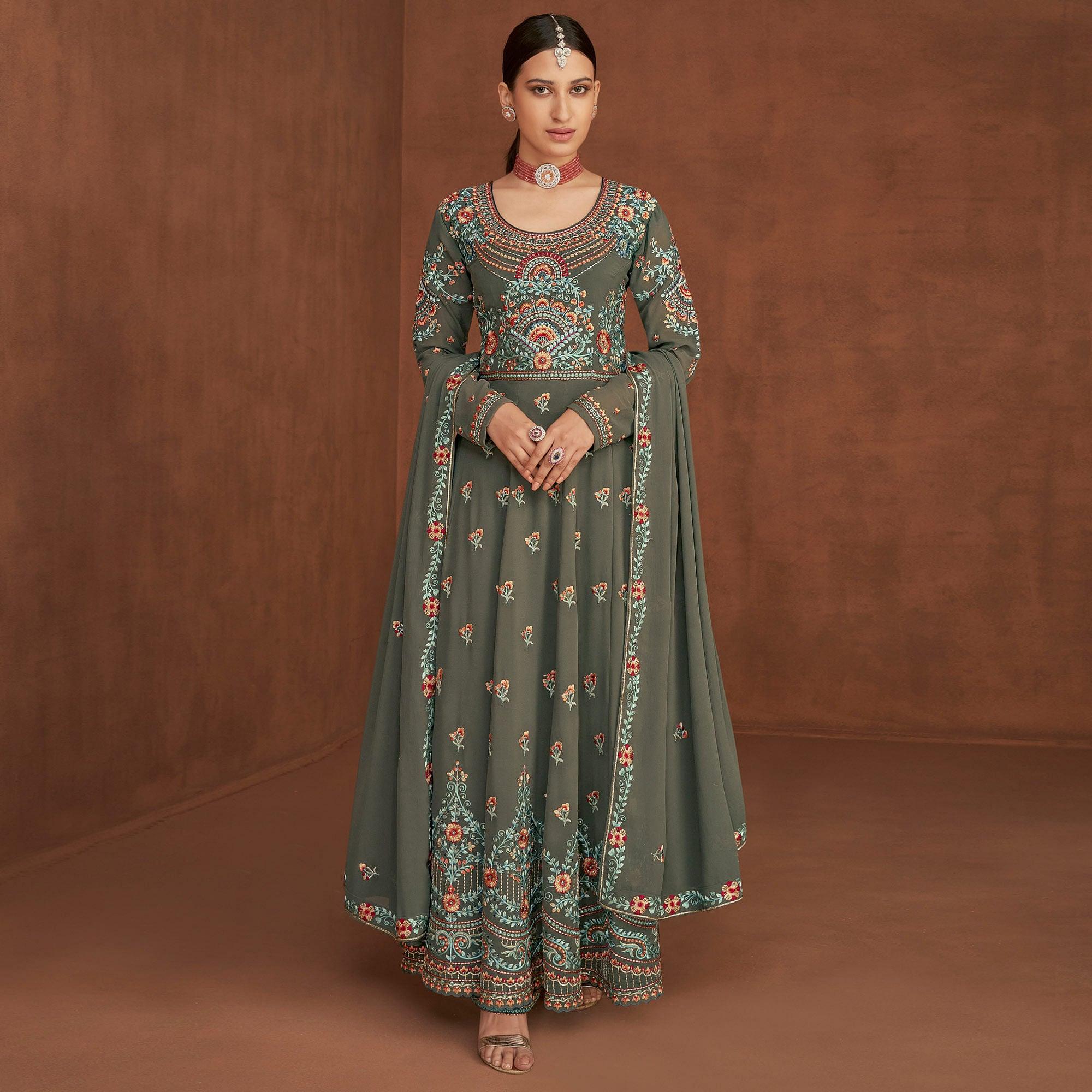 Grey Embellished With Embroidered Georgette Palazzo Suit - Peachmode