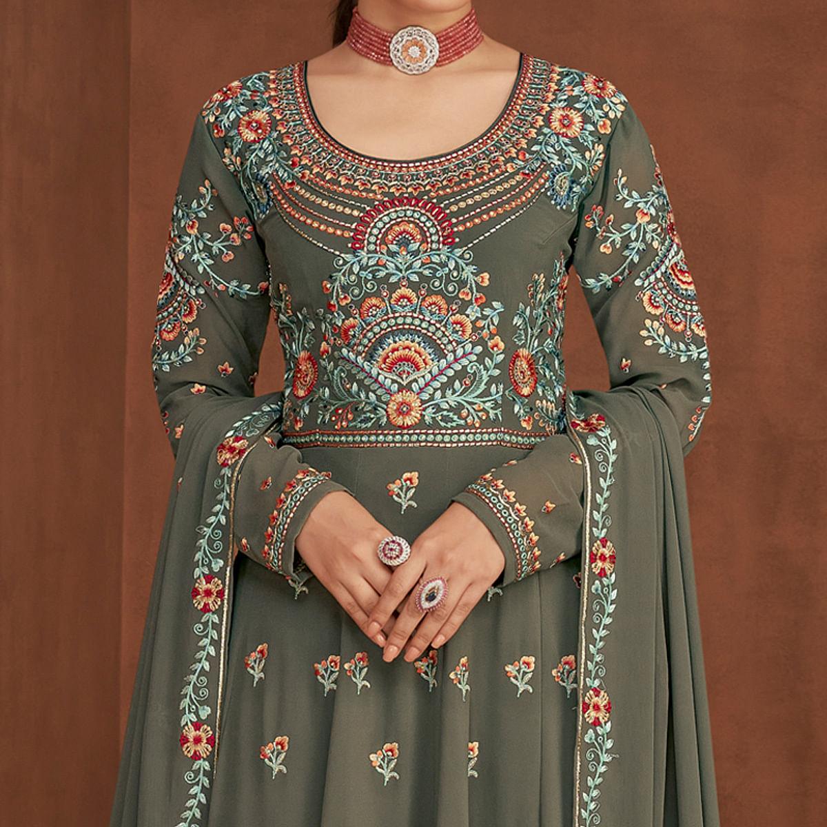 Grey Embellished With Embroidered Georgette Palazzo Suit - Peachmode