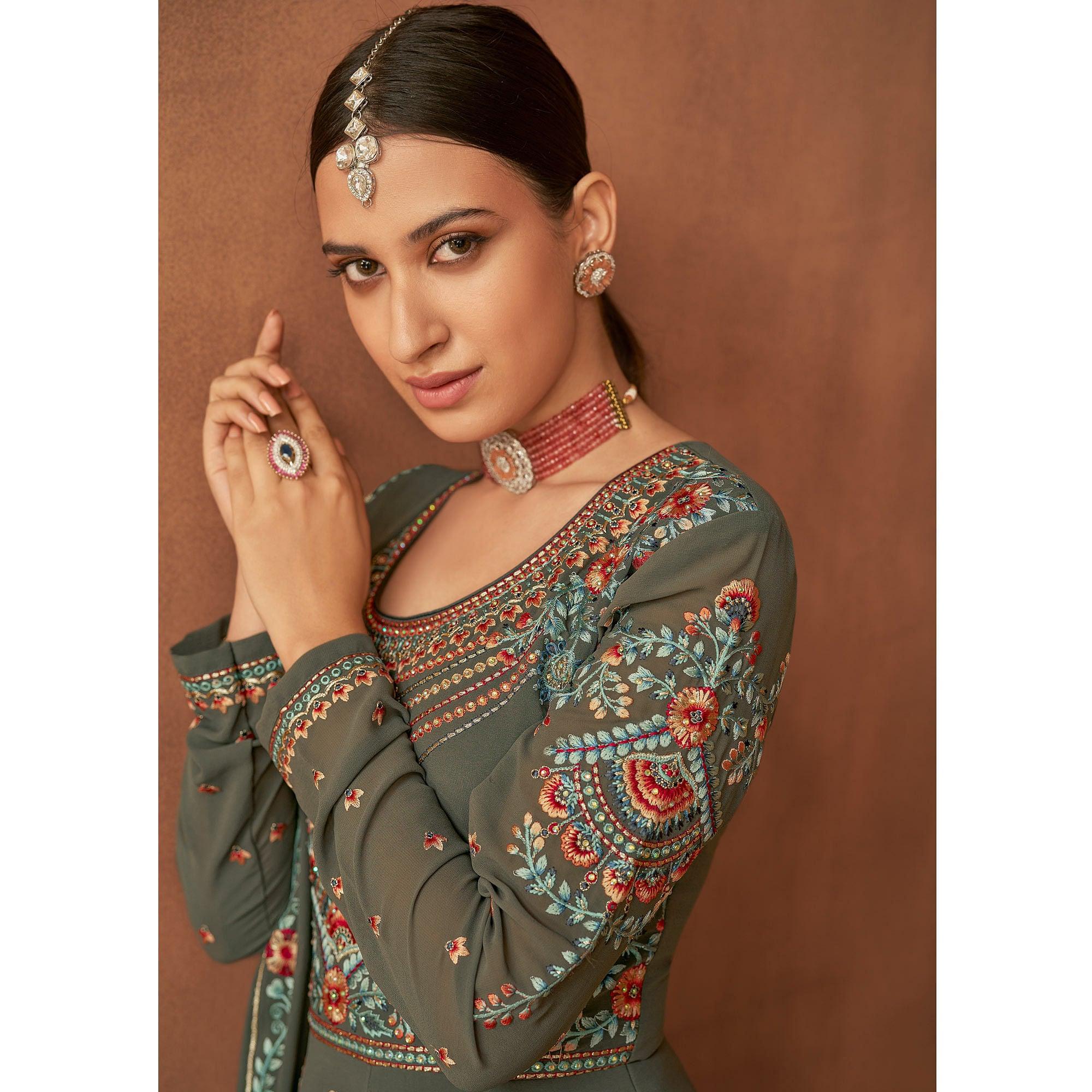 Grey Embellished With Embroidered Georgette Palazzo Suit - Peachmode