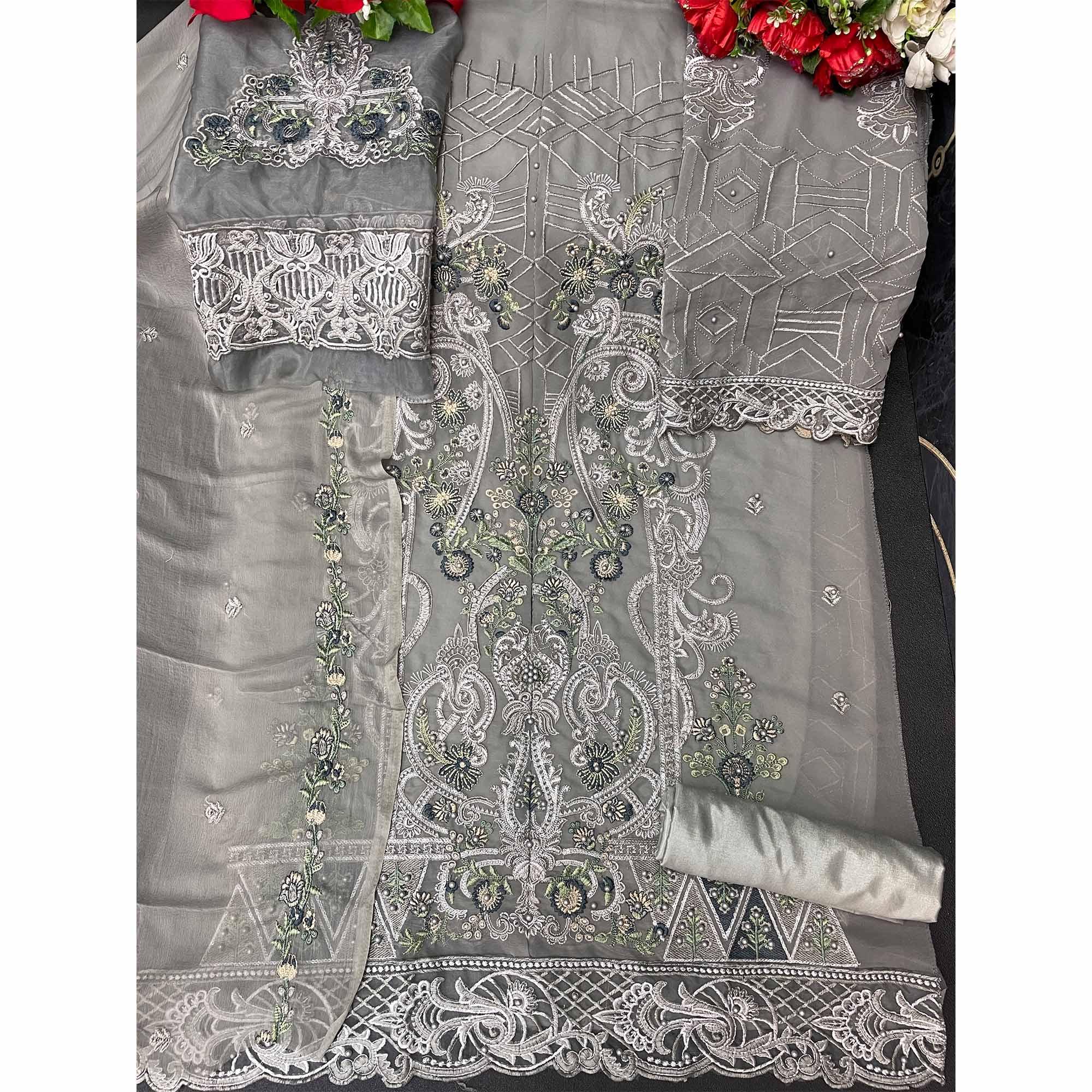 Grey Embellished With Embroidered Georgette Palazzo Suit - Peachmode