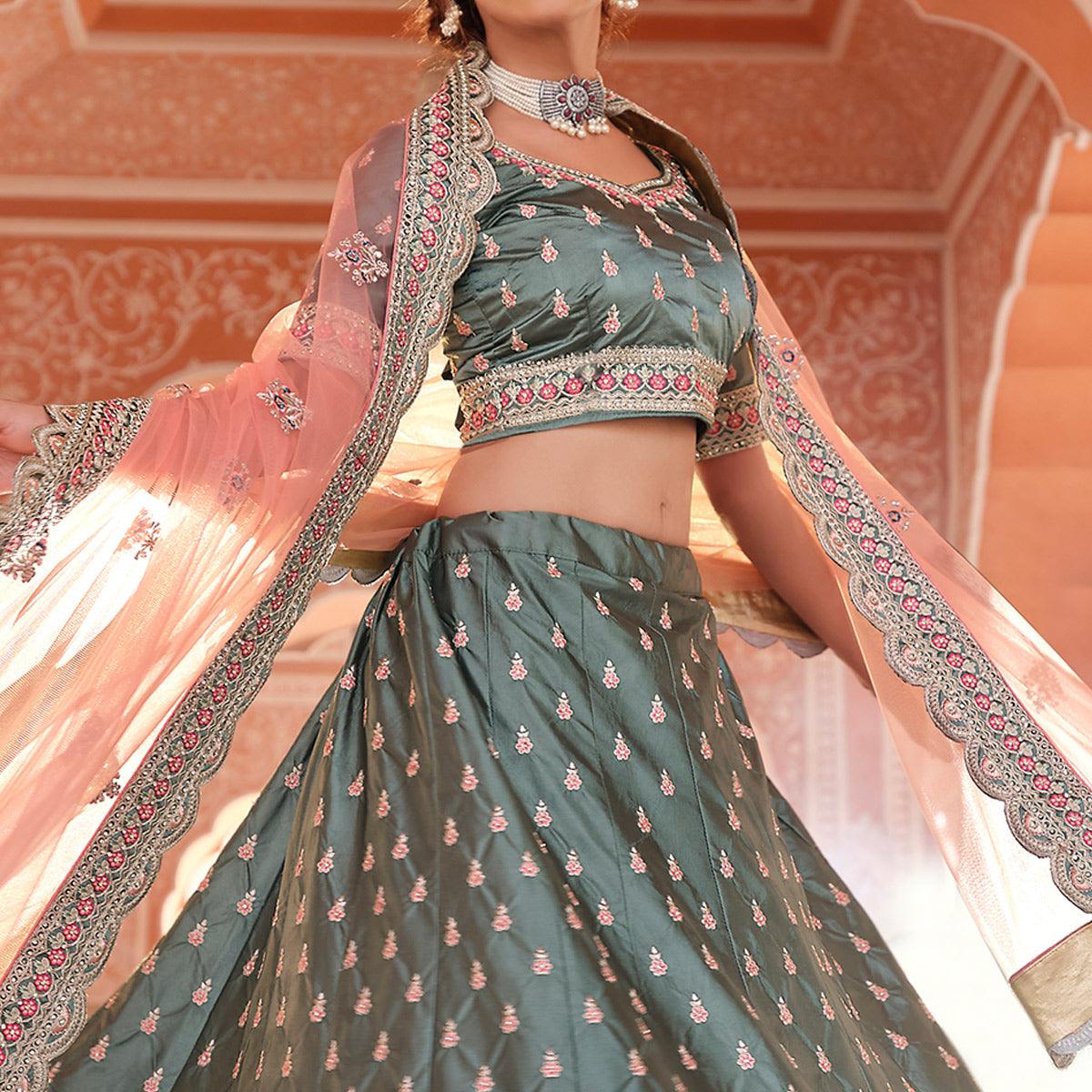 Grey Embellished With Embroidered Satin Lehenga Choli - Peachmode