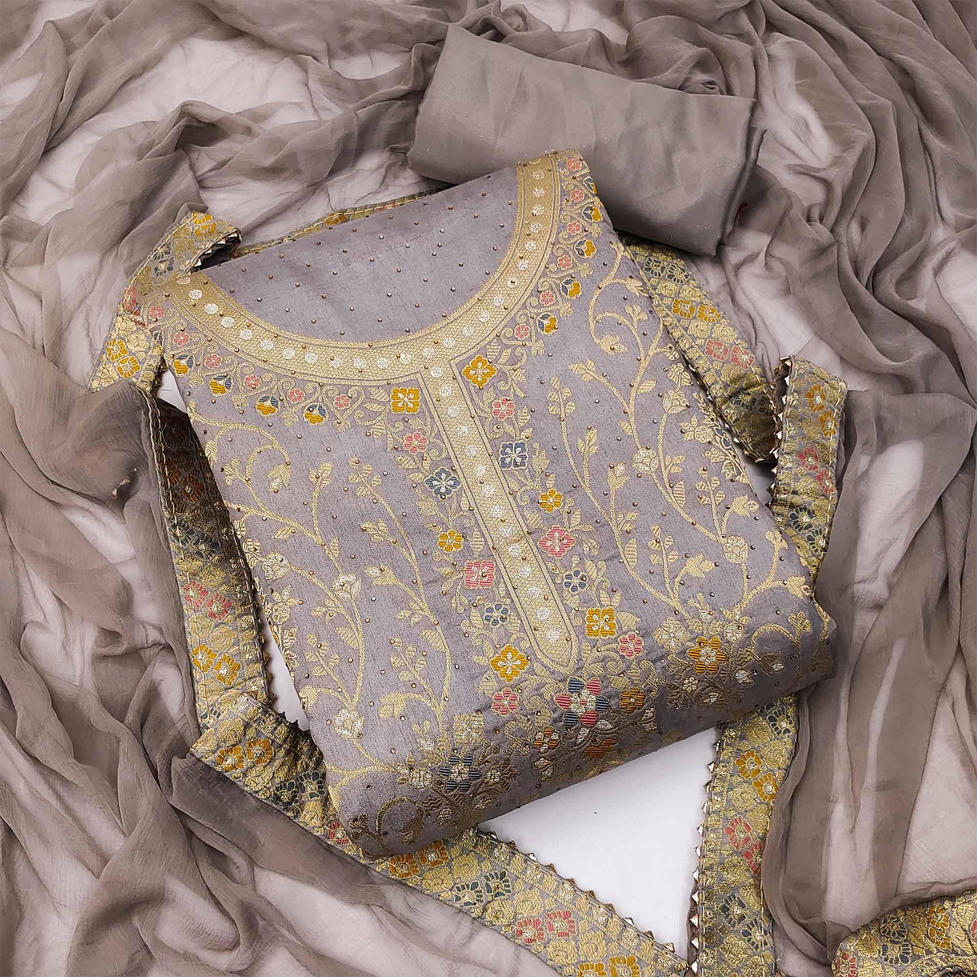 Grey Embellished With Woven Jacquard Dress Material - Peachmode