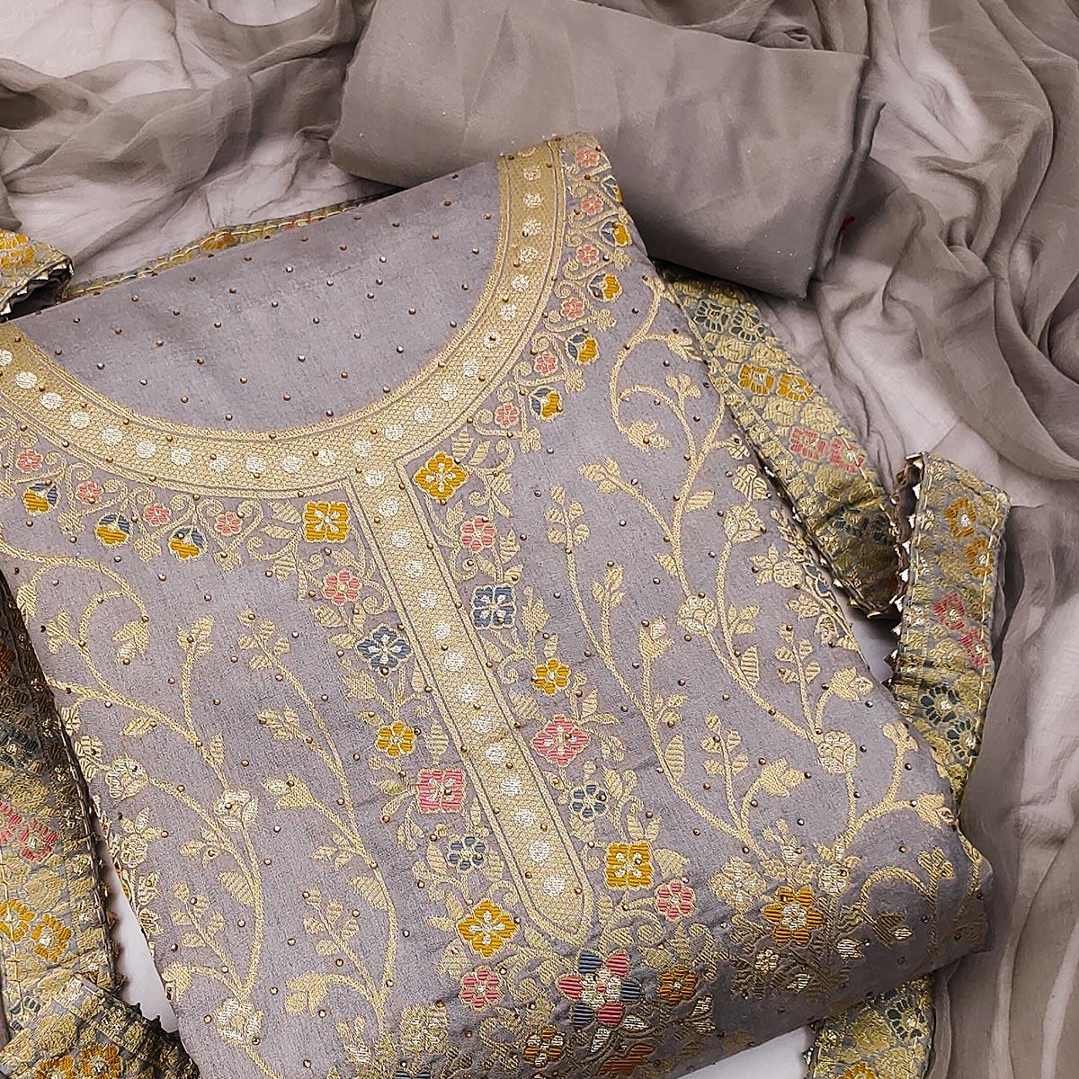 Grey Embellished With Woven Jacquard Dress Material - Peachmode