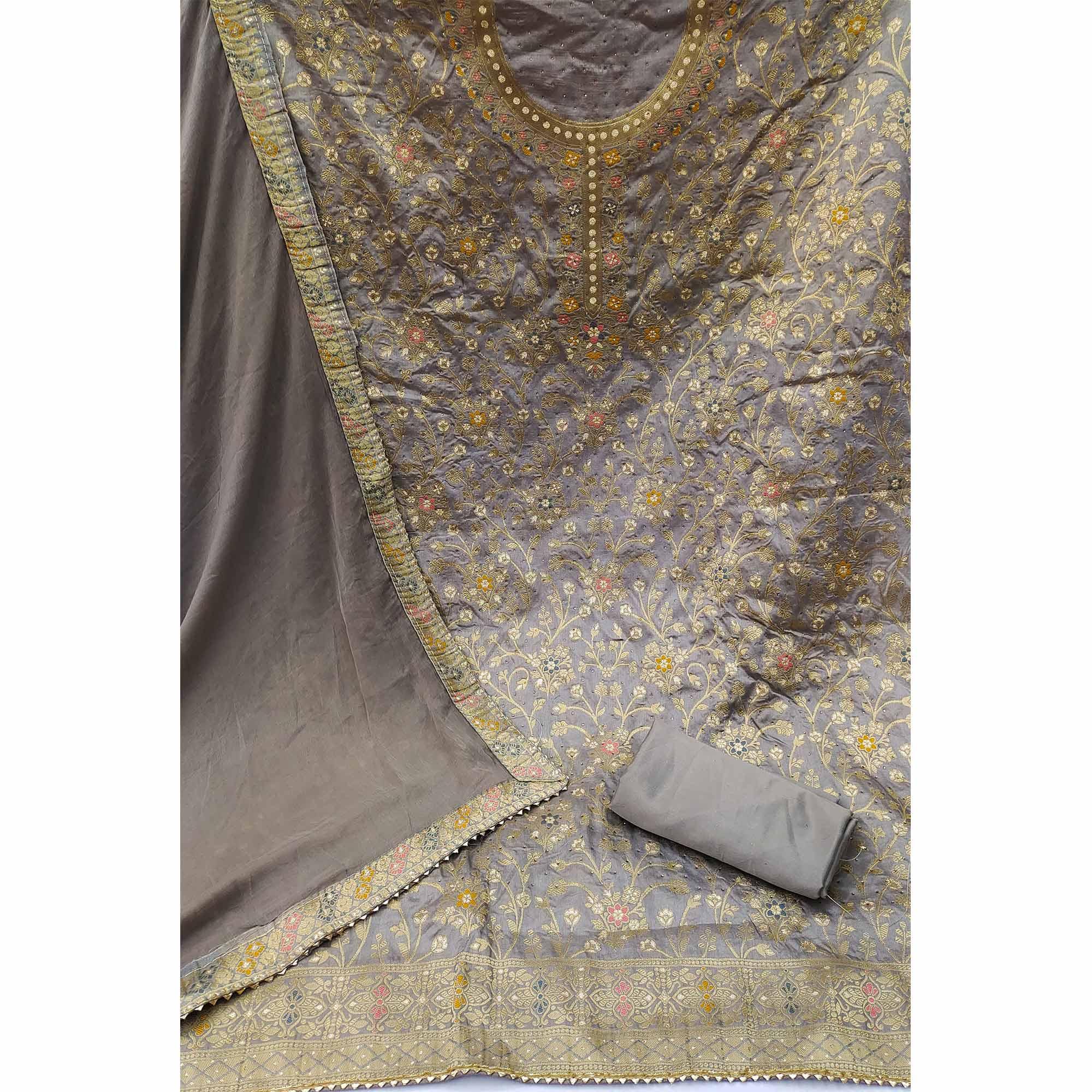 Grey Embellished With Woven Jacquard Dress Material - Peachmode