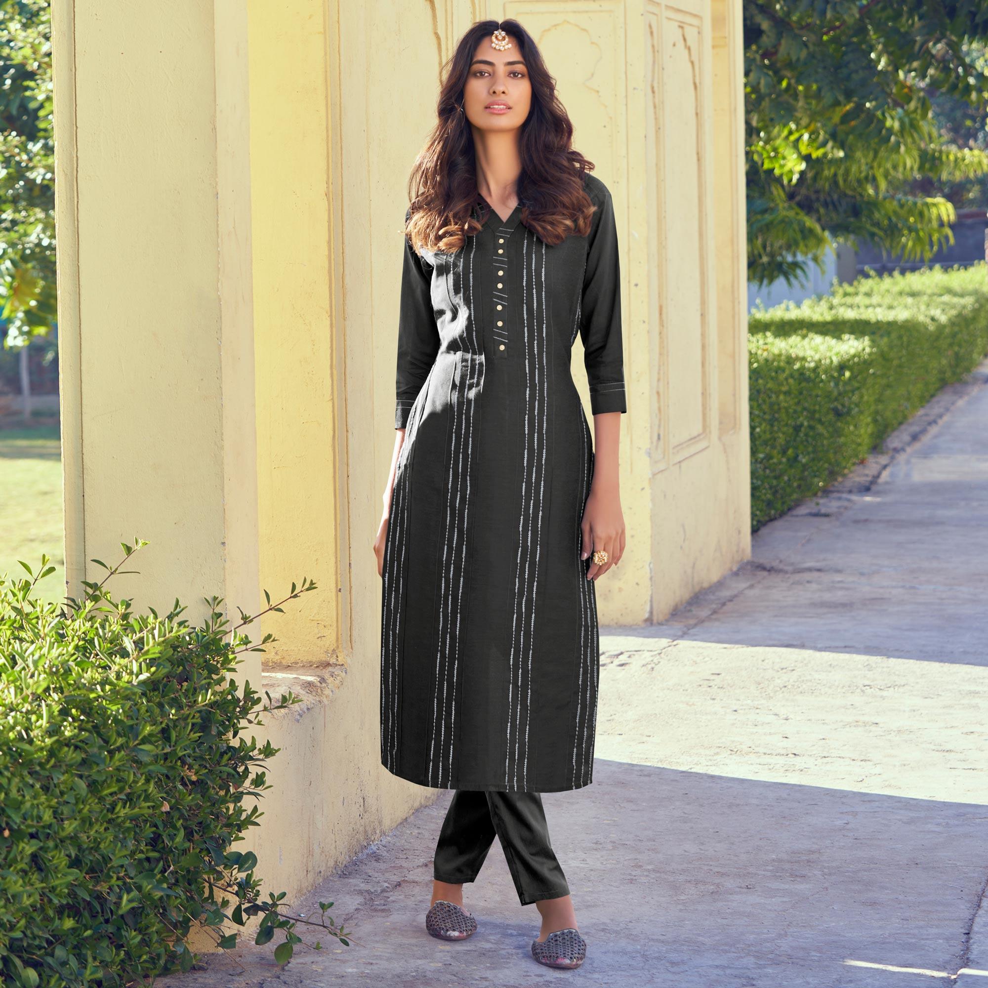 Grey Embroidered Art Silk Kurti Pant Set - Peachmode