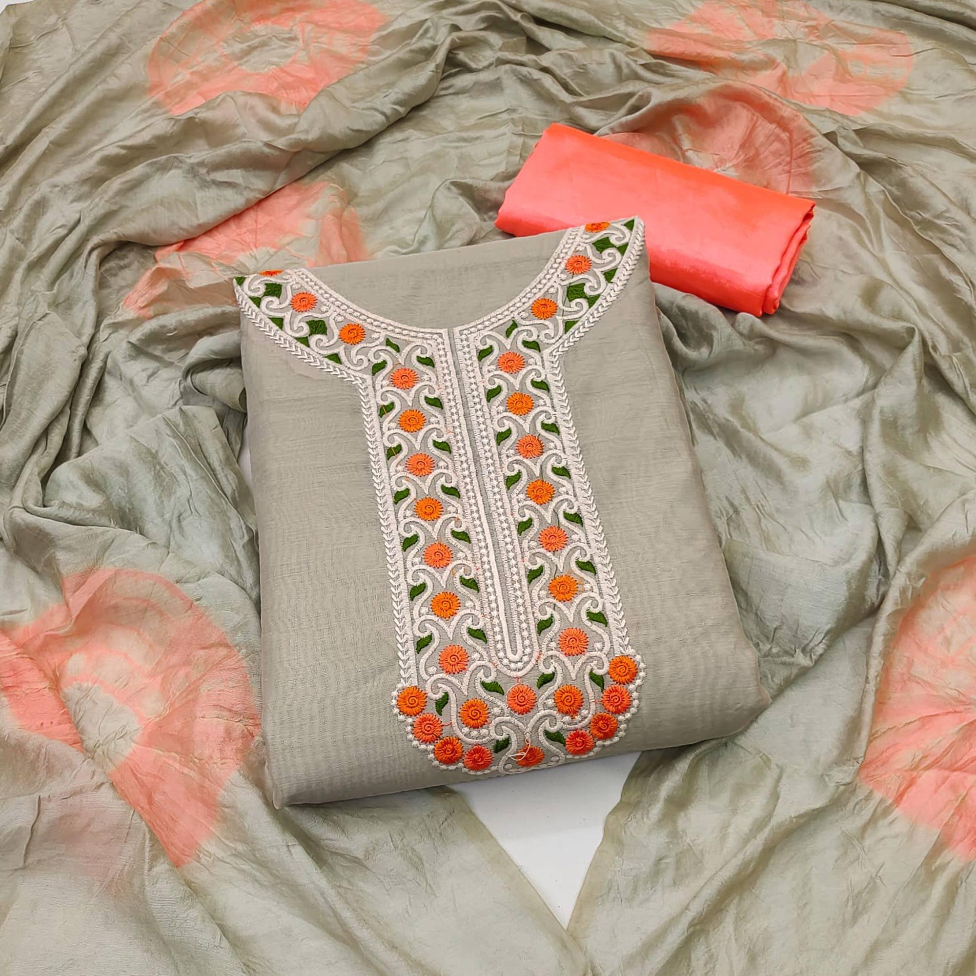 Grey Embroidered Chanderi Dress Material - Peachmode