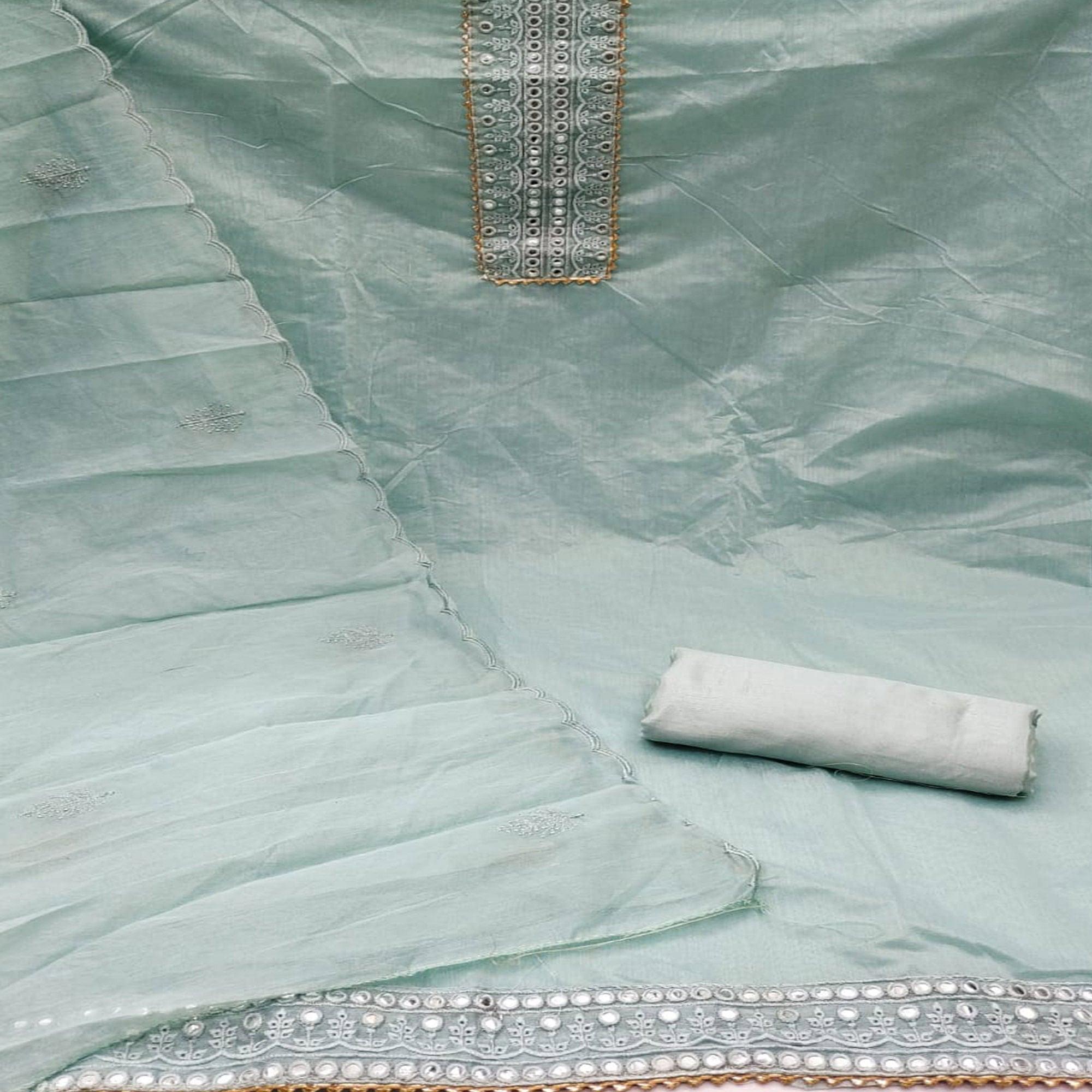 Grey Embroidered Chanderi Dress Material - Peachmode