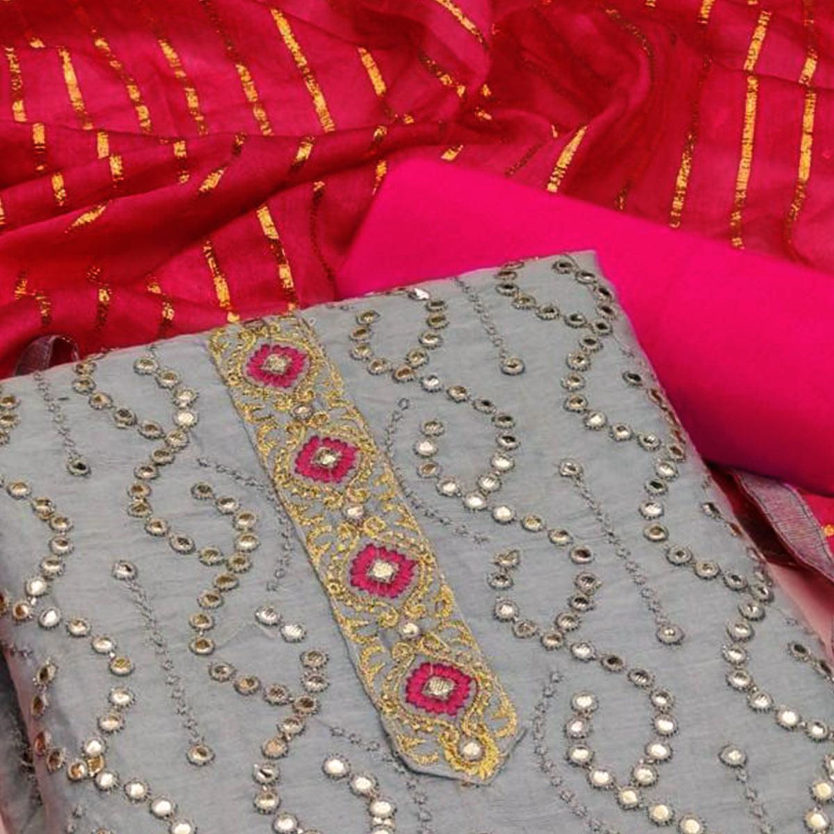 Grey Embroidered Chanderi Dress Material - Peachmode