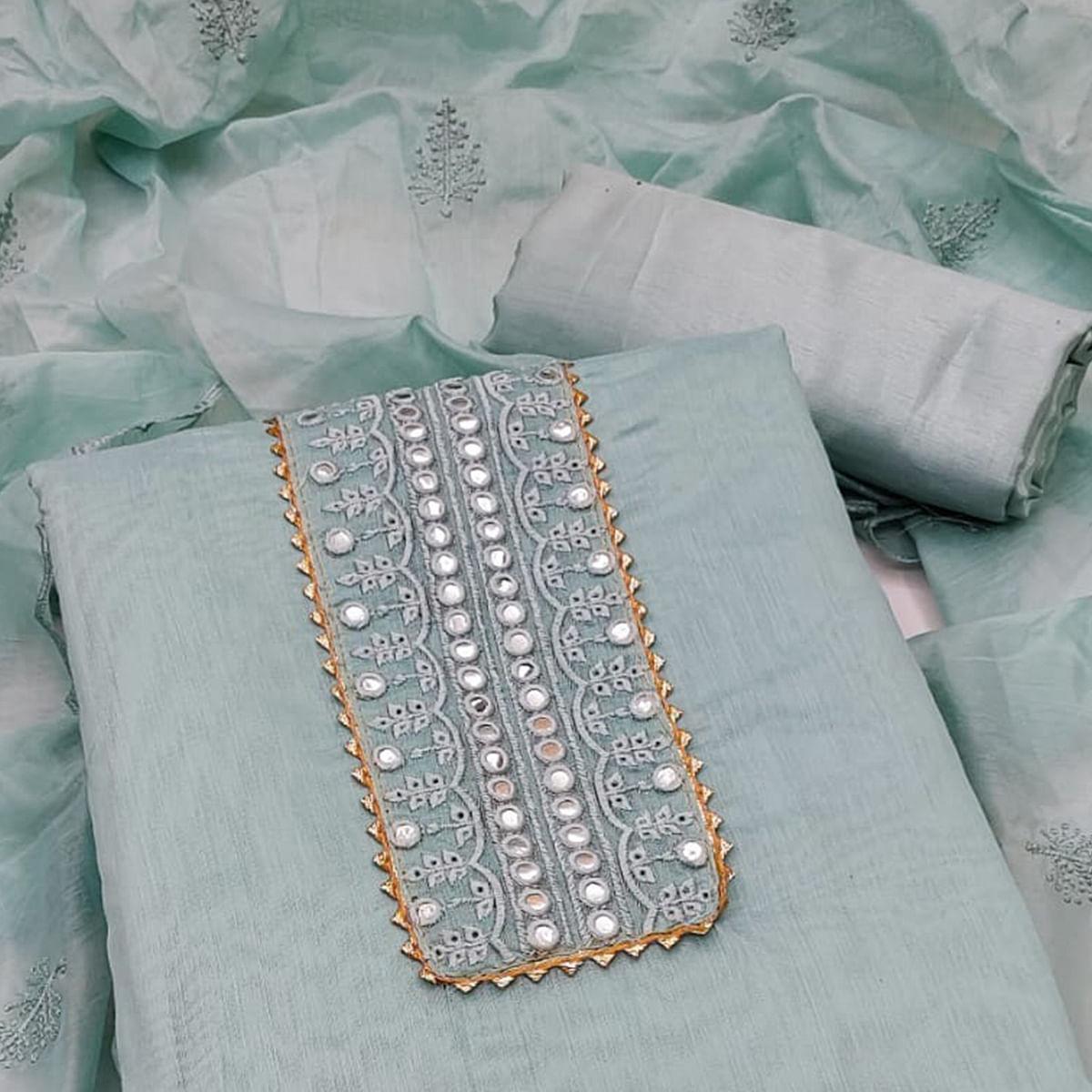 Grey Embroidered Chanderi Dress Material - Peachmode