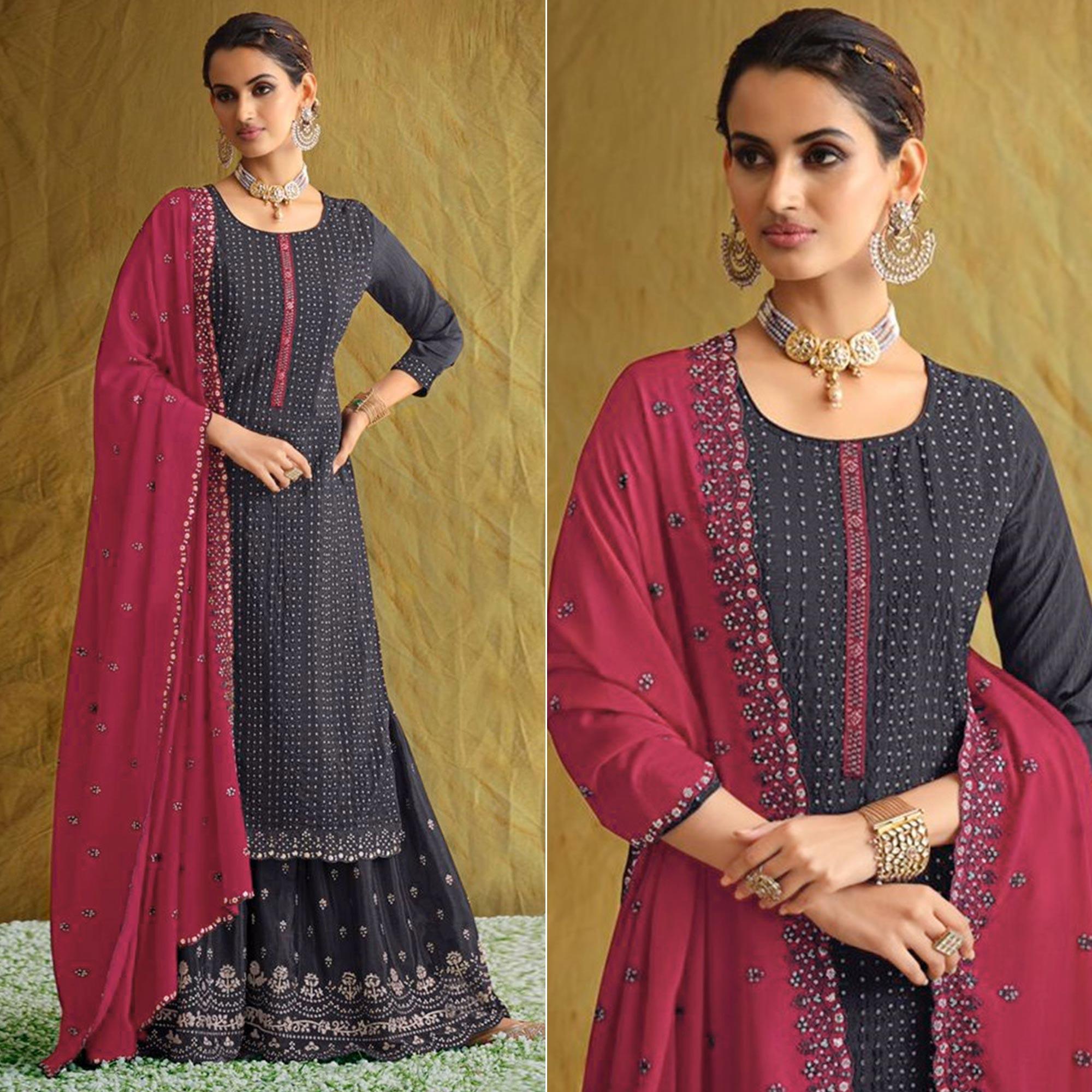 Grey Embroidered Chiffon Palazzo Suit - Peachmode