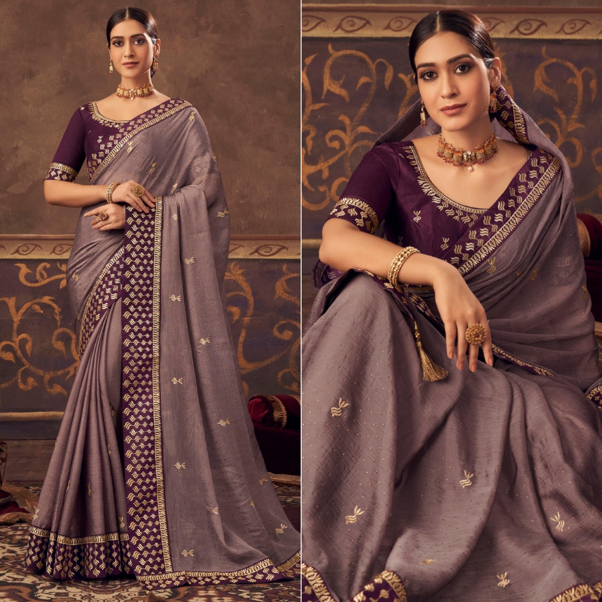 Grey Embroidered Chiffon Saree - Peachmode