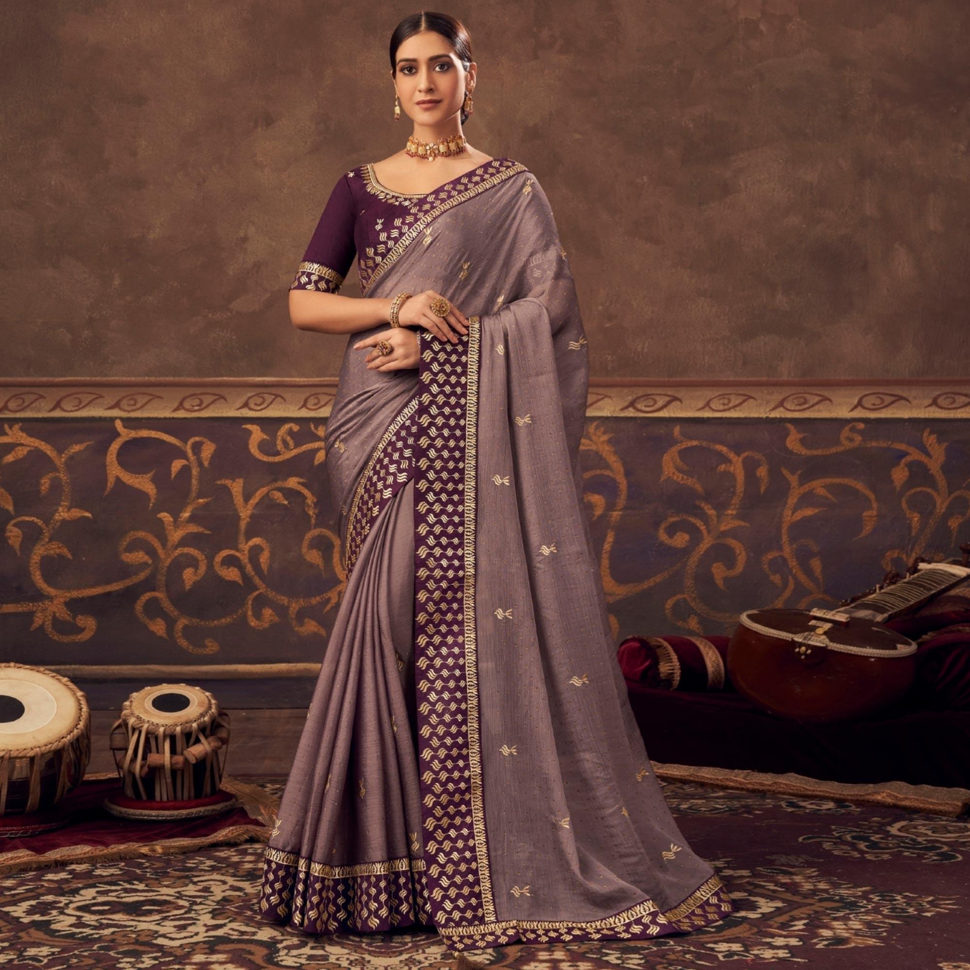 Grey Embroidered Chiffon Saree - Peachmode