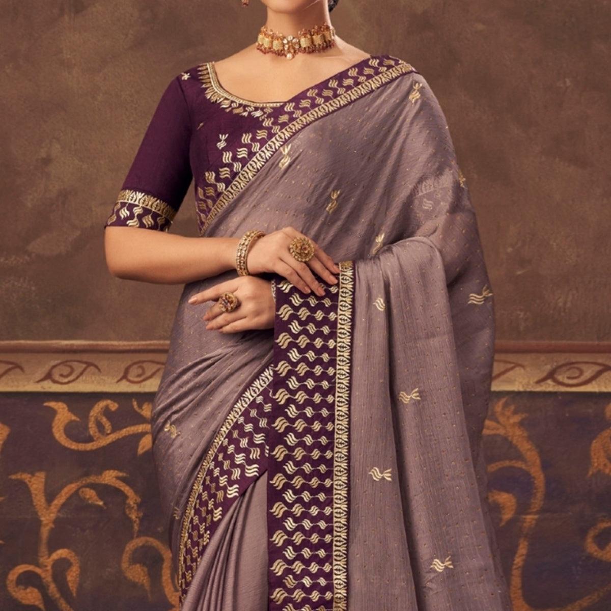 Grey Embroidered Chiffon Saree - Peachmode