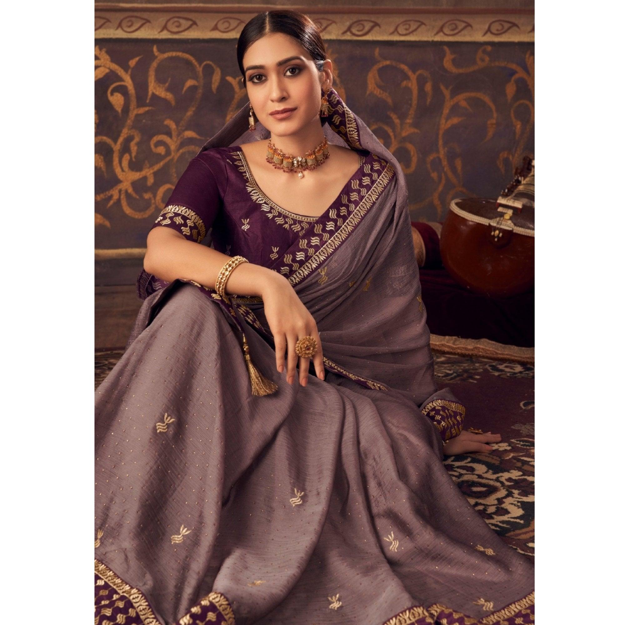 Grey Embroidered Chiffon Saree - Peachmode
