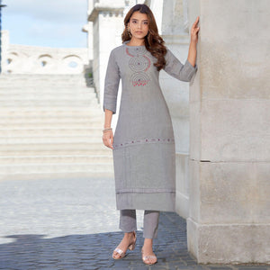 Grey Embroidered Cotton Blend Kurti Pant Set - Peachmode