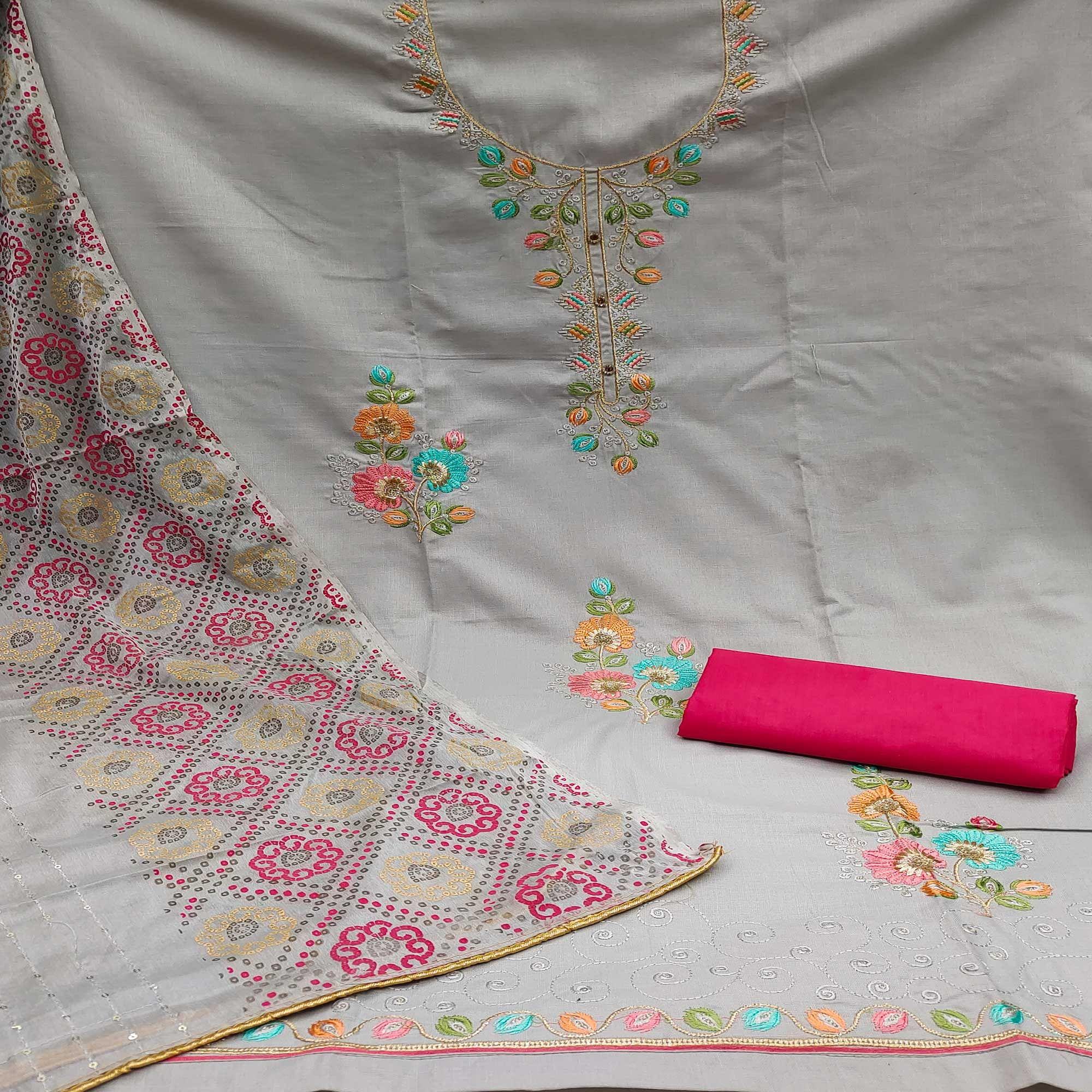 Grey Embroidered Cotton Dress Material - Peachmode