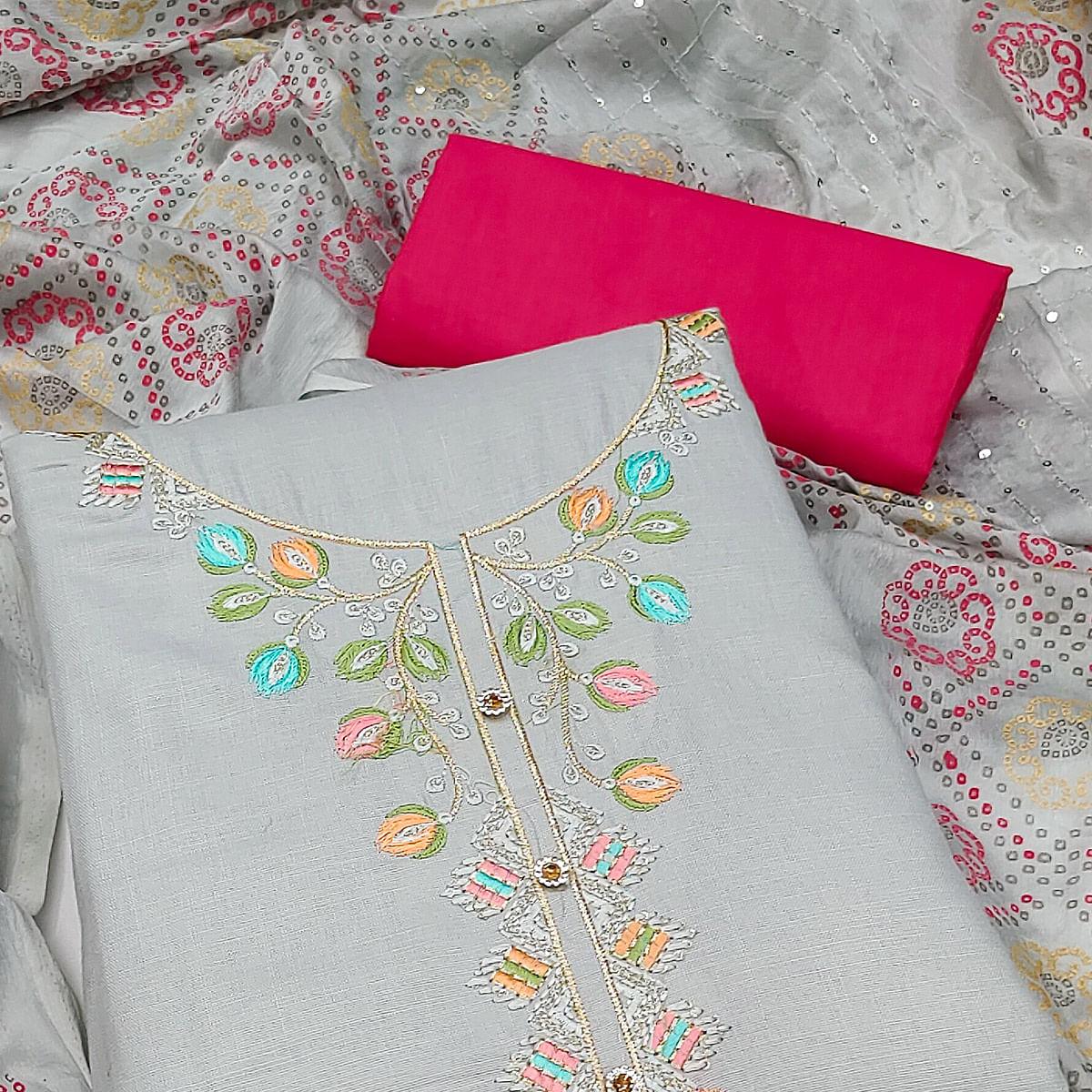 Grey Embroidered Cotton Dress Material - Peachmode