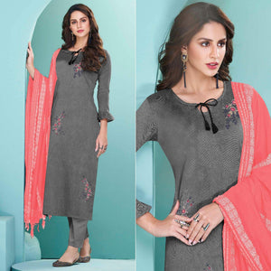 Grey Embroidered Cotton Kurti Pant Set With Dupatta - Peachmode
