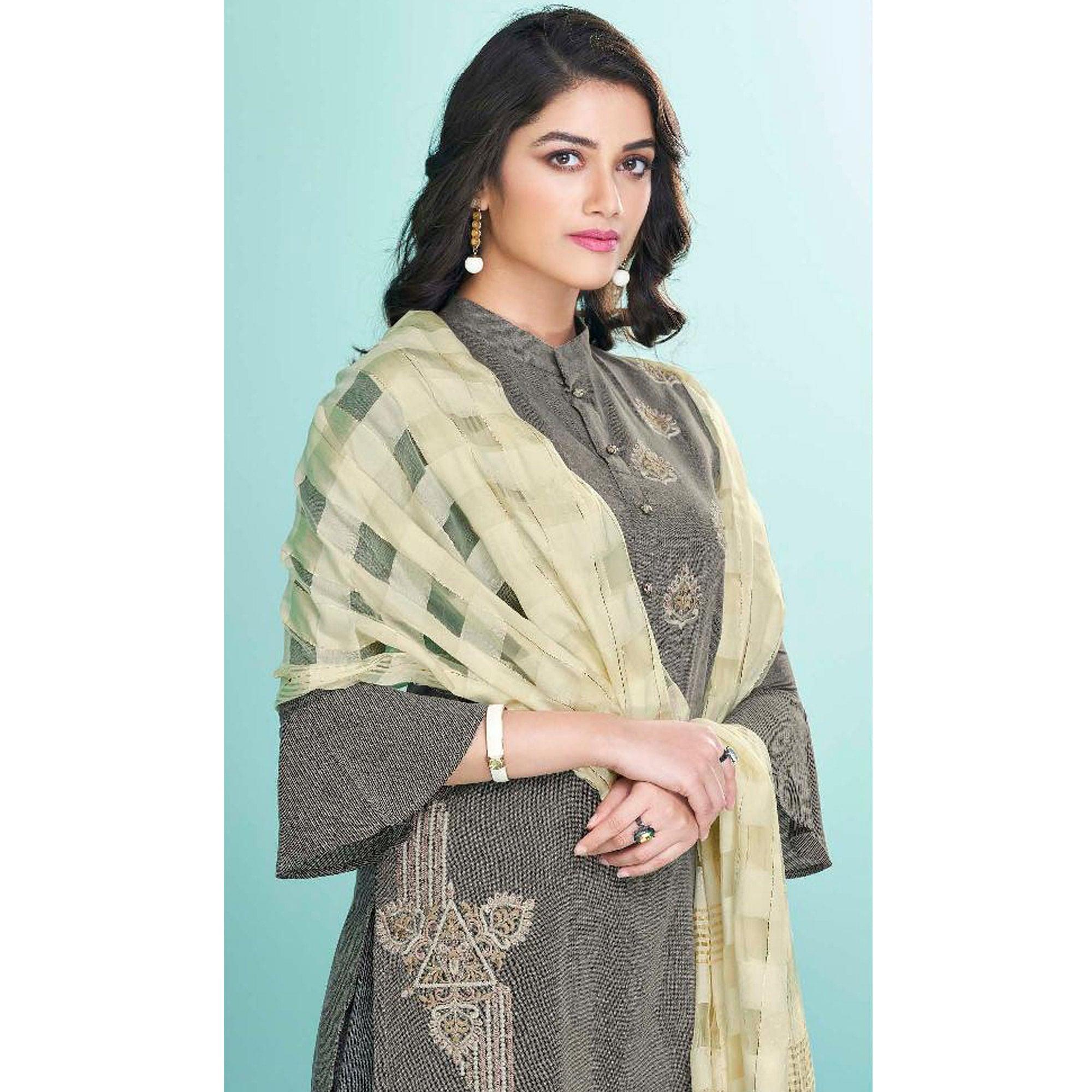 Grey Embroidered Cotton Kurti Pant Set With Dupatta - Peachmode