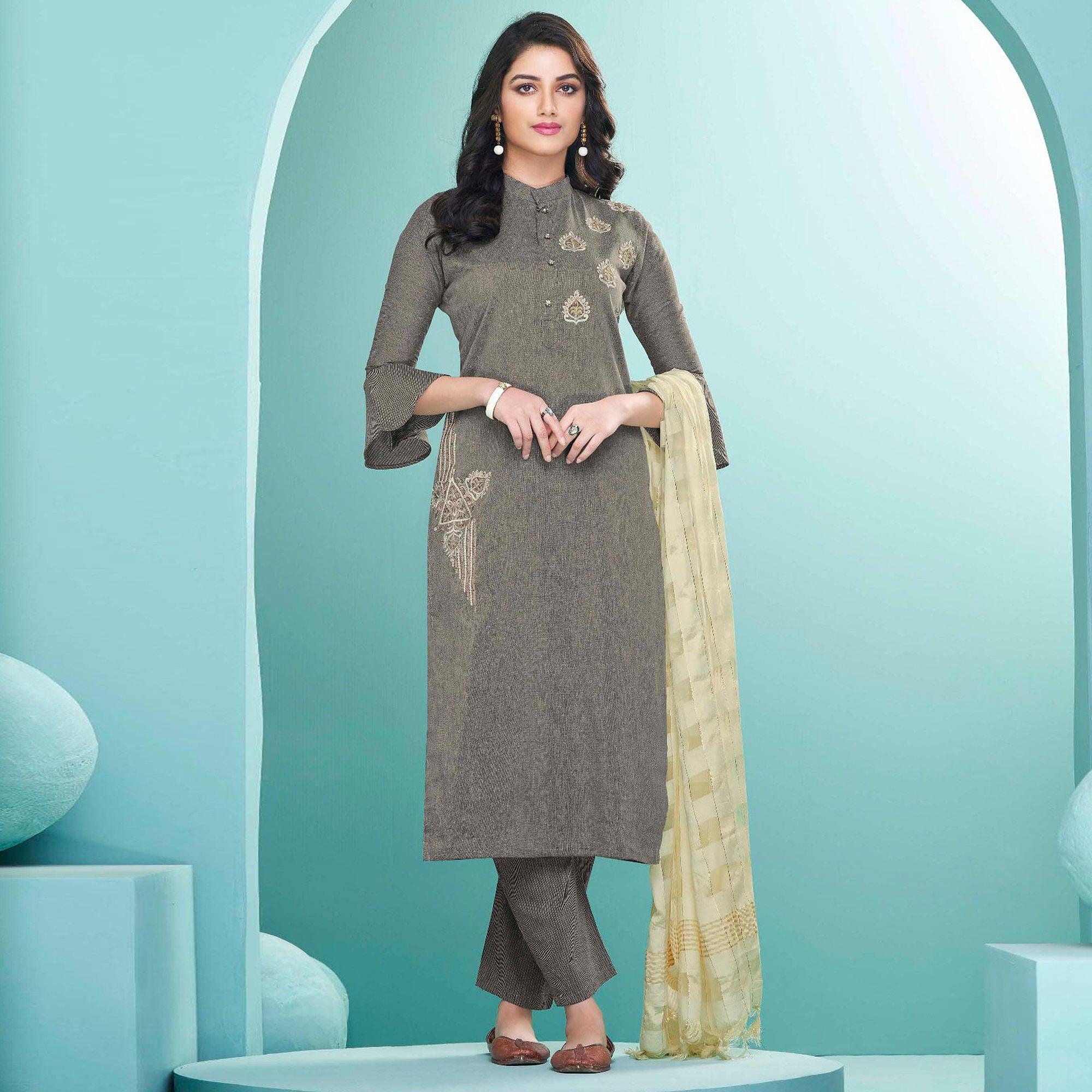 Grey Embroidered Cotton Kurti Pant Set With Dupatta - Peachmode
