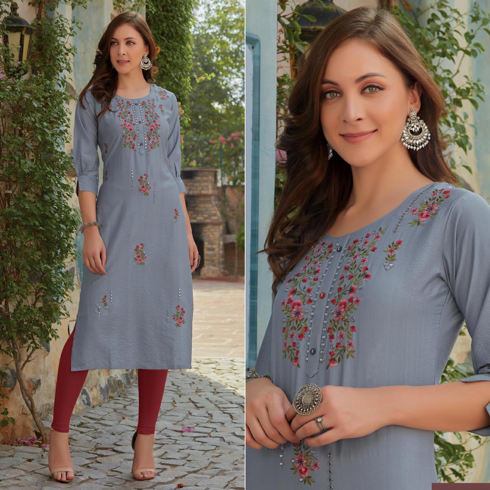Grey Embroidered Cotton Silk Kurti - Peachmode