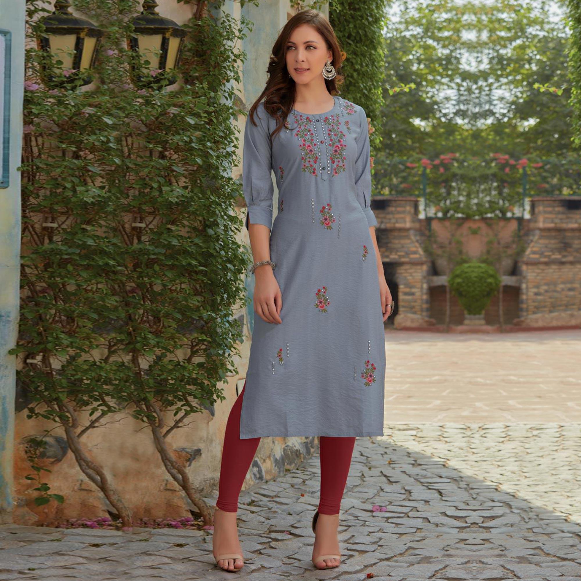Grey Embroidered Cotton Silk Kurti - Peachmode