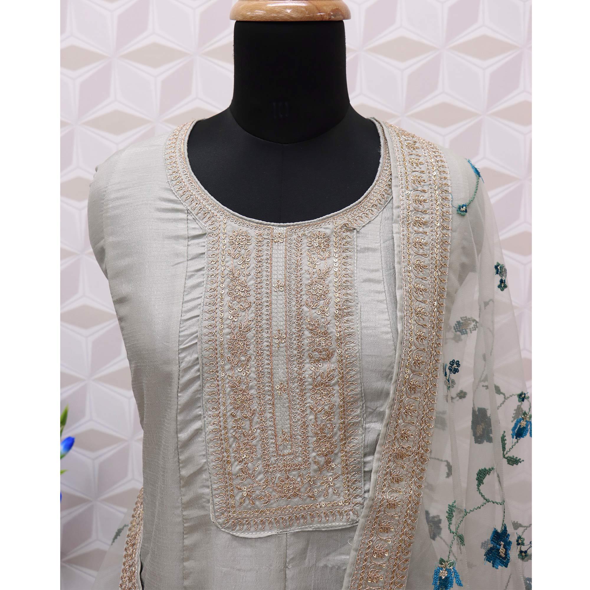 Grey Embroidered Dola Silk Anarkali Suit - Peachmode