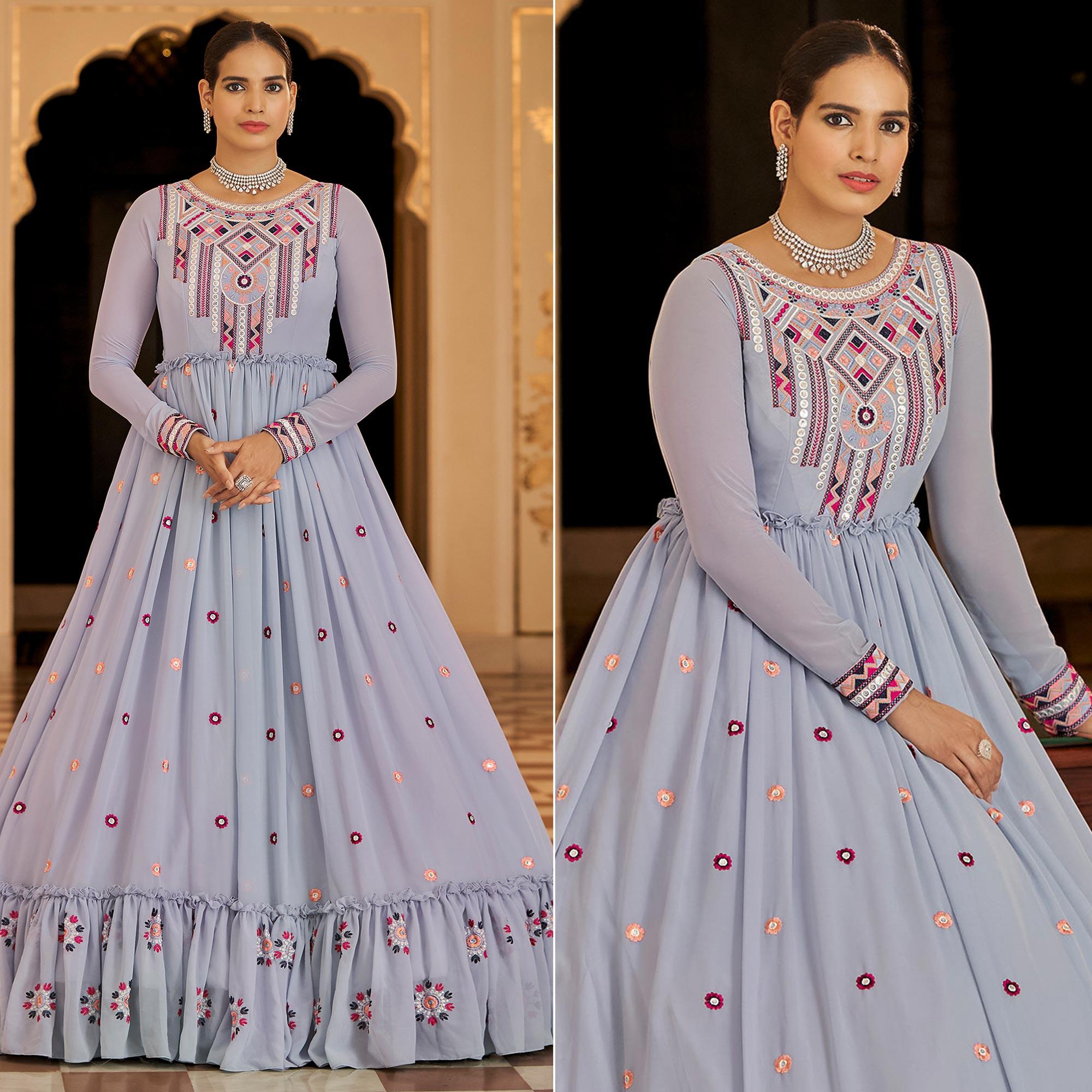 Grey Embroidered Georgette Gown - Peachmode