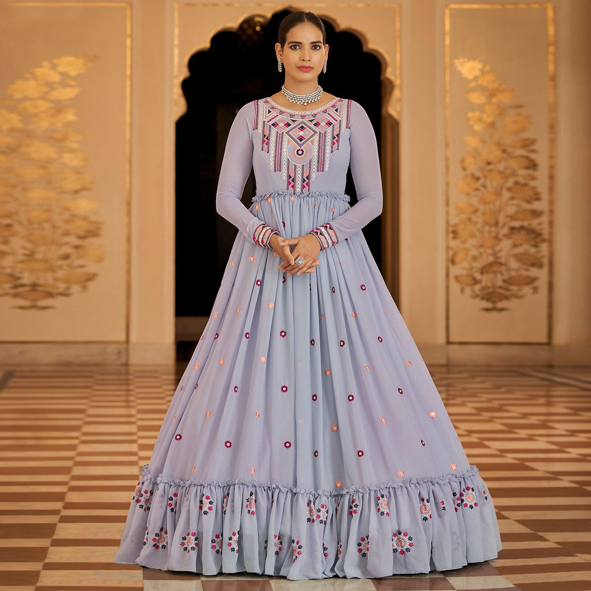Grey Embroidered Georgette Gown - Peachmode