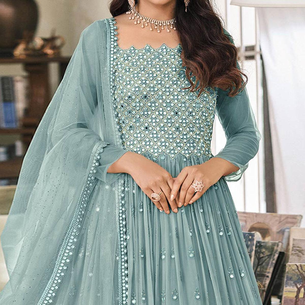 Grey Embroidered Georgette Gown - Peachmode