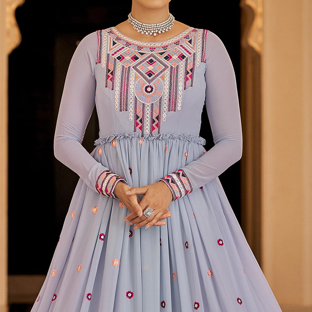Grey Embroidered Georgette Gown - Peachmode