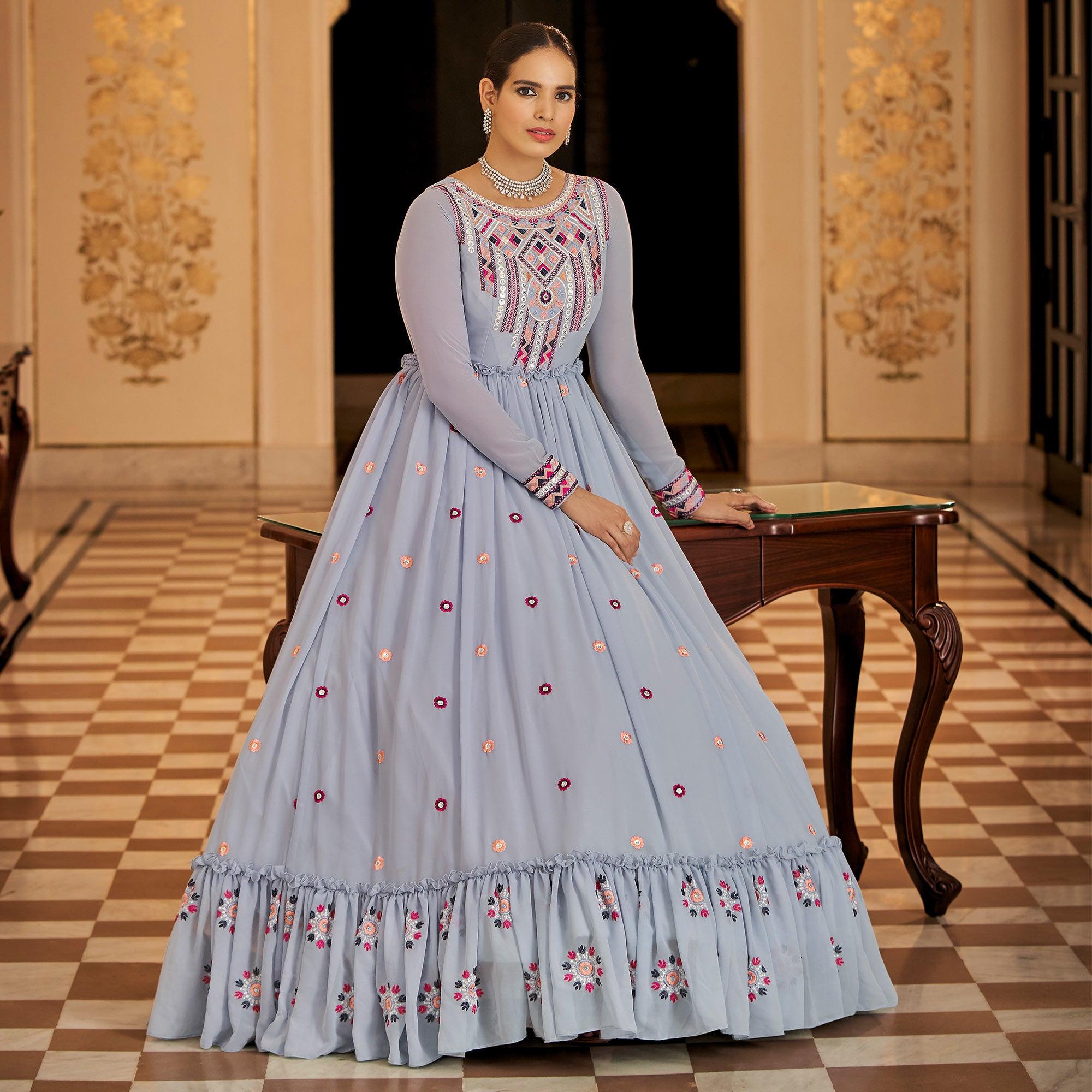Grey Embroidered Georgette Gown - Peachmode