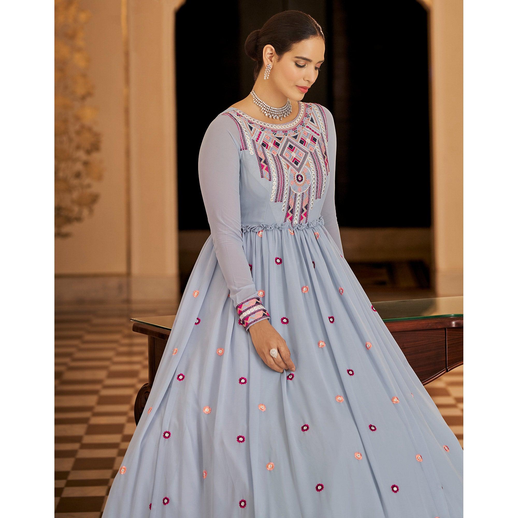 Grey Embroidered Georgette Gown - Peachmode
