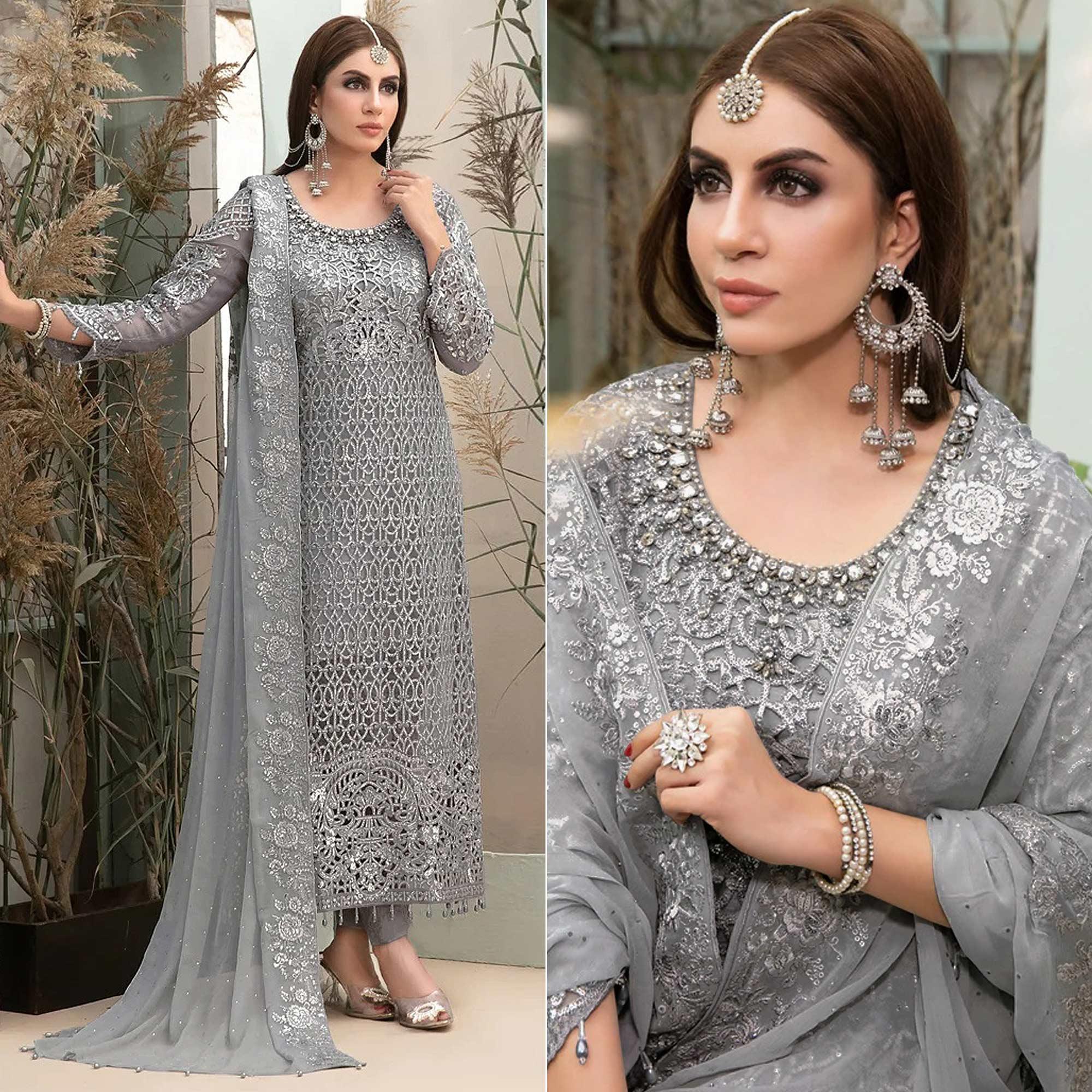 Grey Embroidered Georgette Pakistani Suit - Peachmode