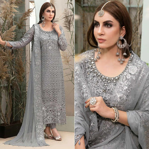 Grey Embroidered Georgette Pakistani Suit - Peachmode