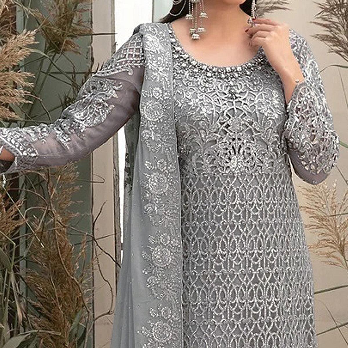 Grey Embroidered Georgette Pakistani Suit - Peachmode