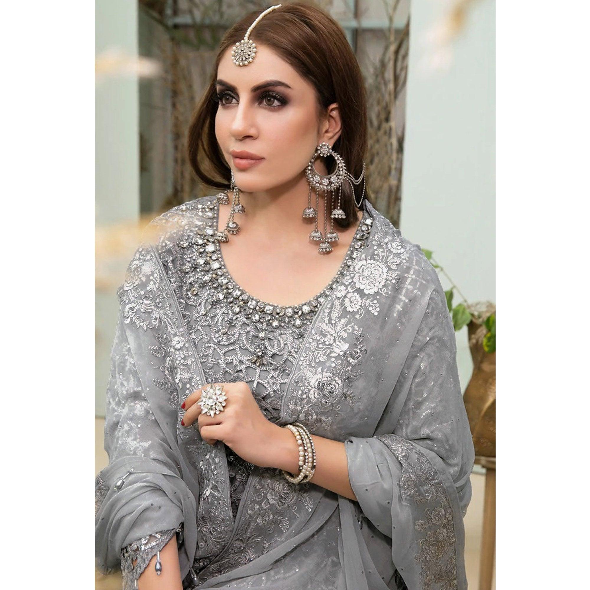 Grey Embroidered Georgette Pakistani Suit - Peachmode